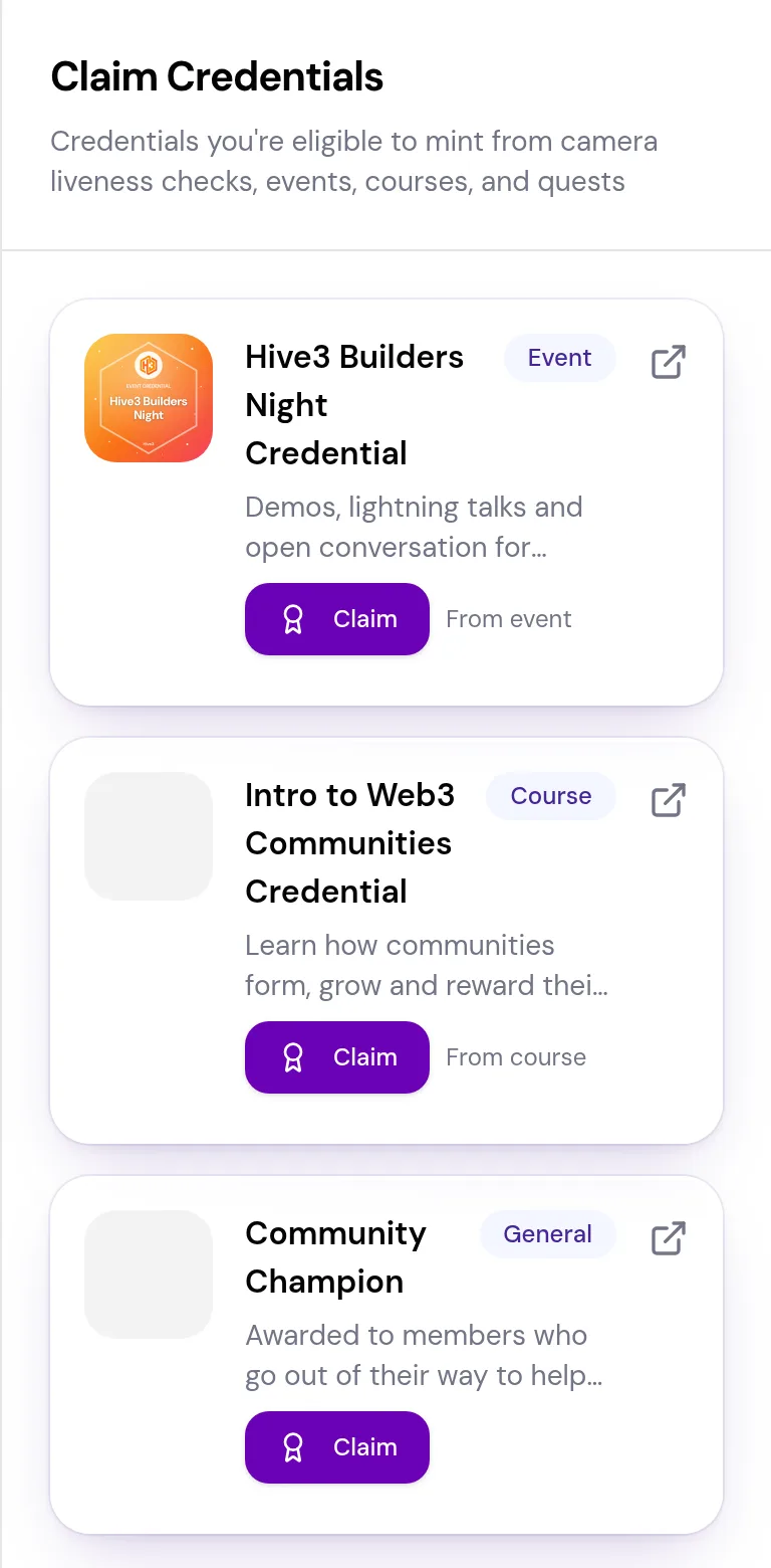 The Claim Credentials panel in Notifications listing credentials the signed-in person can claim.