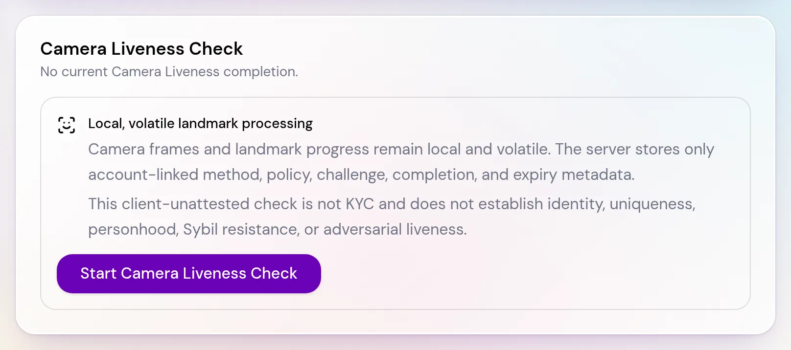 The Camera Liveness Check card in Account settings showing a Start Camera Liveness Check button and a privacy note.