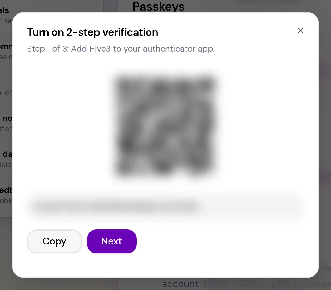 The Turn on 2-step verification window with the QR code and secret key blurred, and Copy and Next buttons.