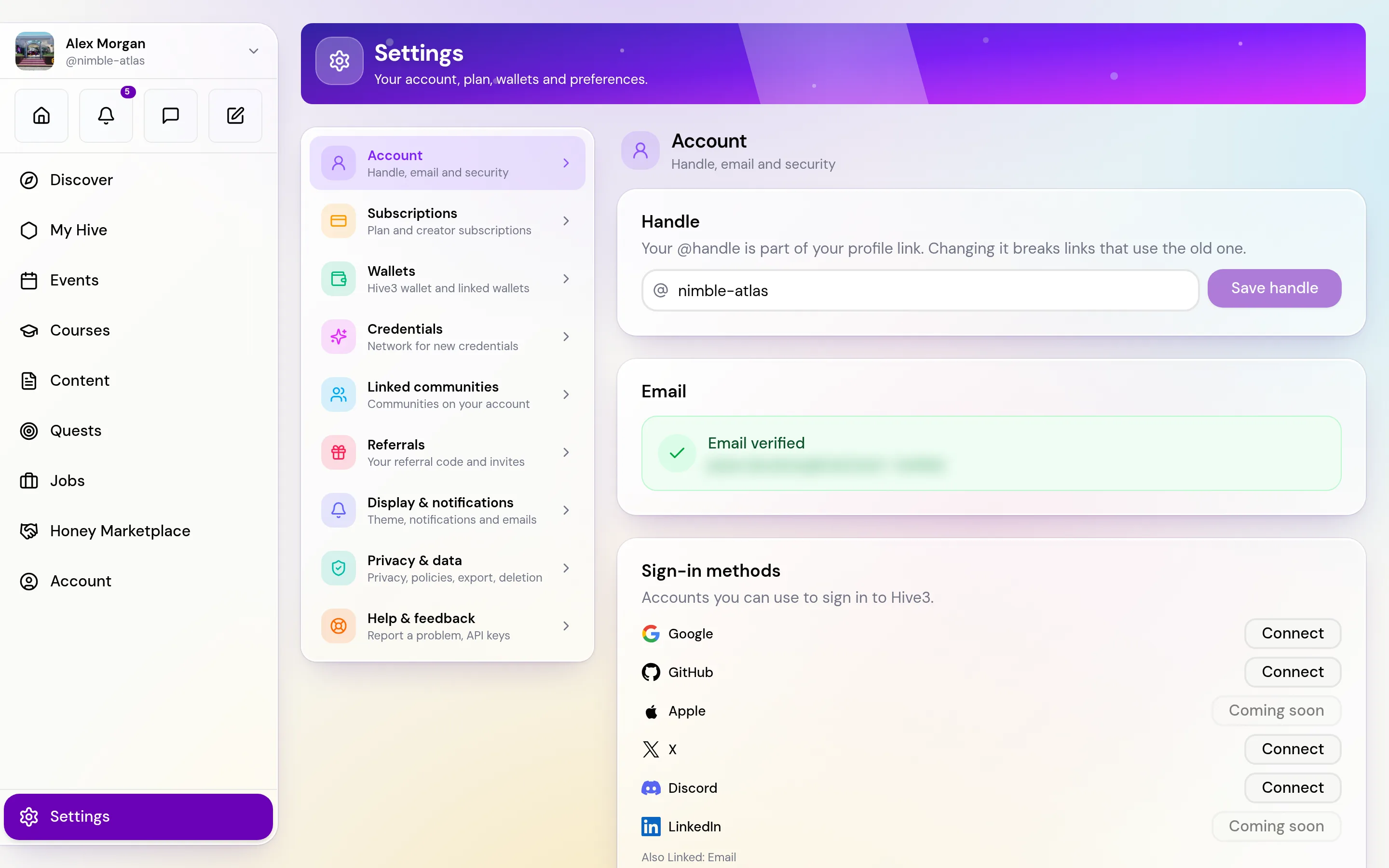 The Settings page with the section list on the left and the Account section open on the right.