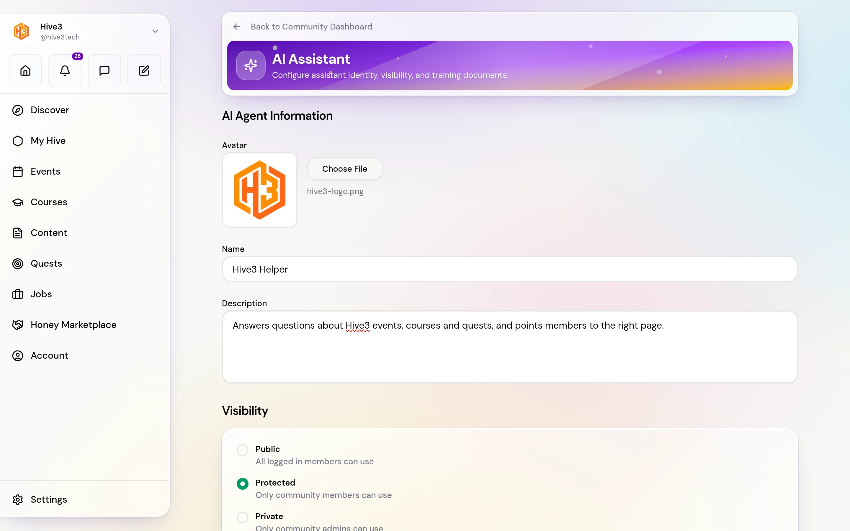 The AI Assistant settings page with the name and description fields, the three visibility options and the Training Documents upload.