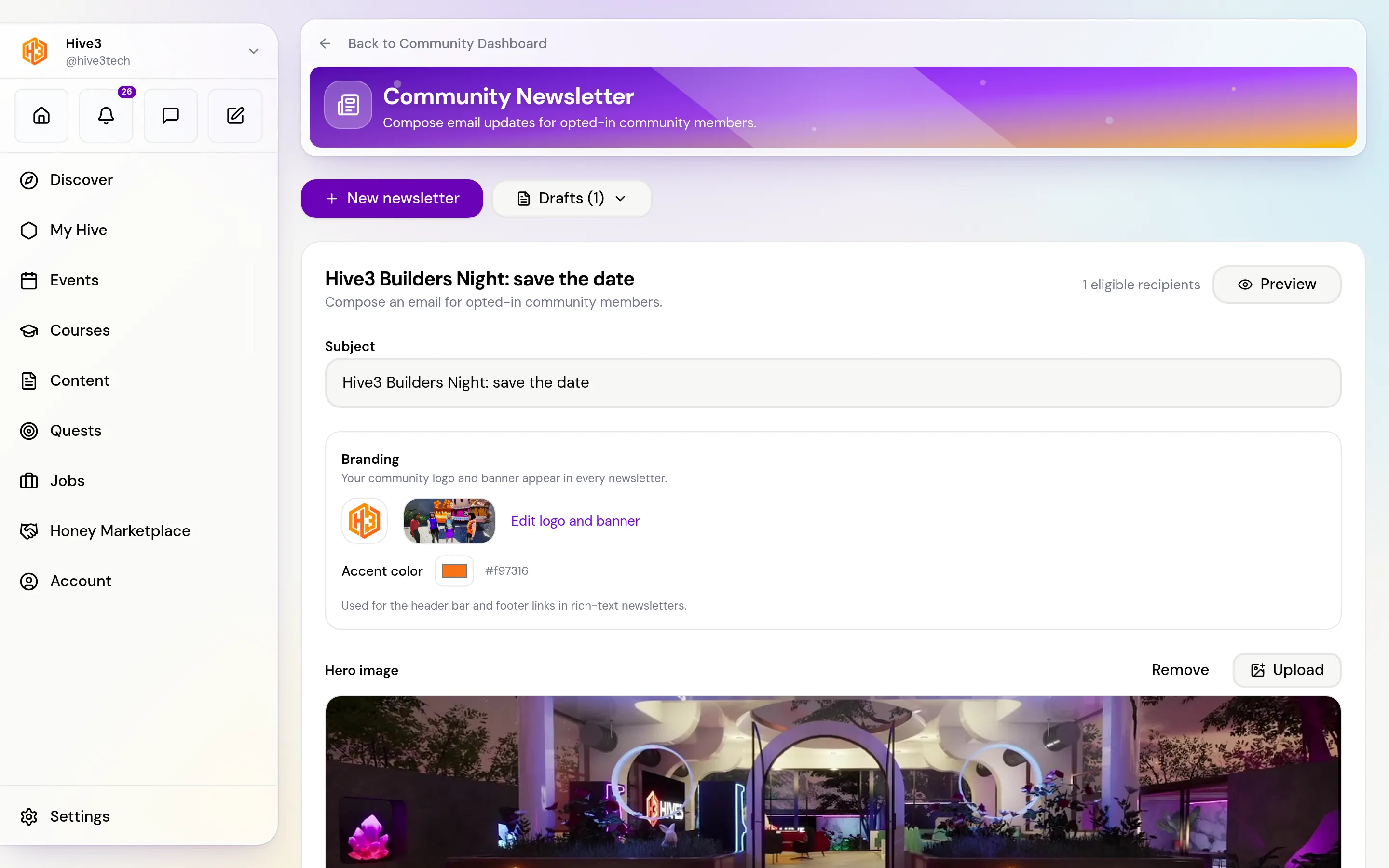 The Community Newsletter editor with the subject field, branding card, hero image area and rich text editor.