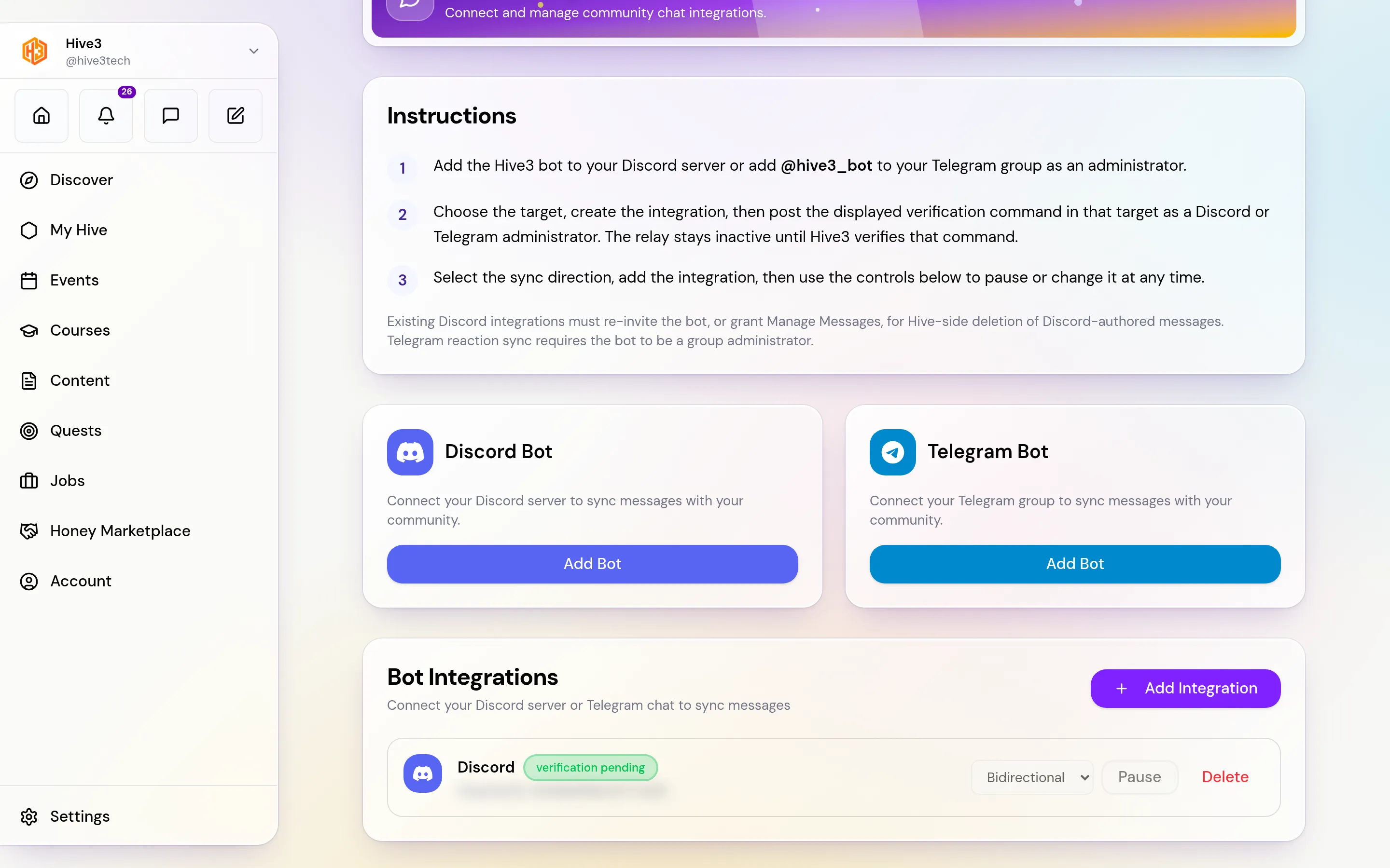 The Chat Settings page with Discord and Telegram bot cards and a list of integrations showing their status.