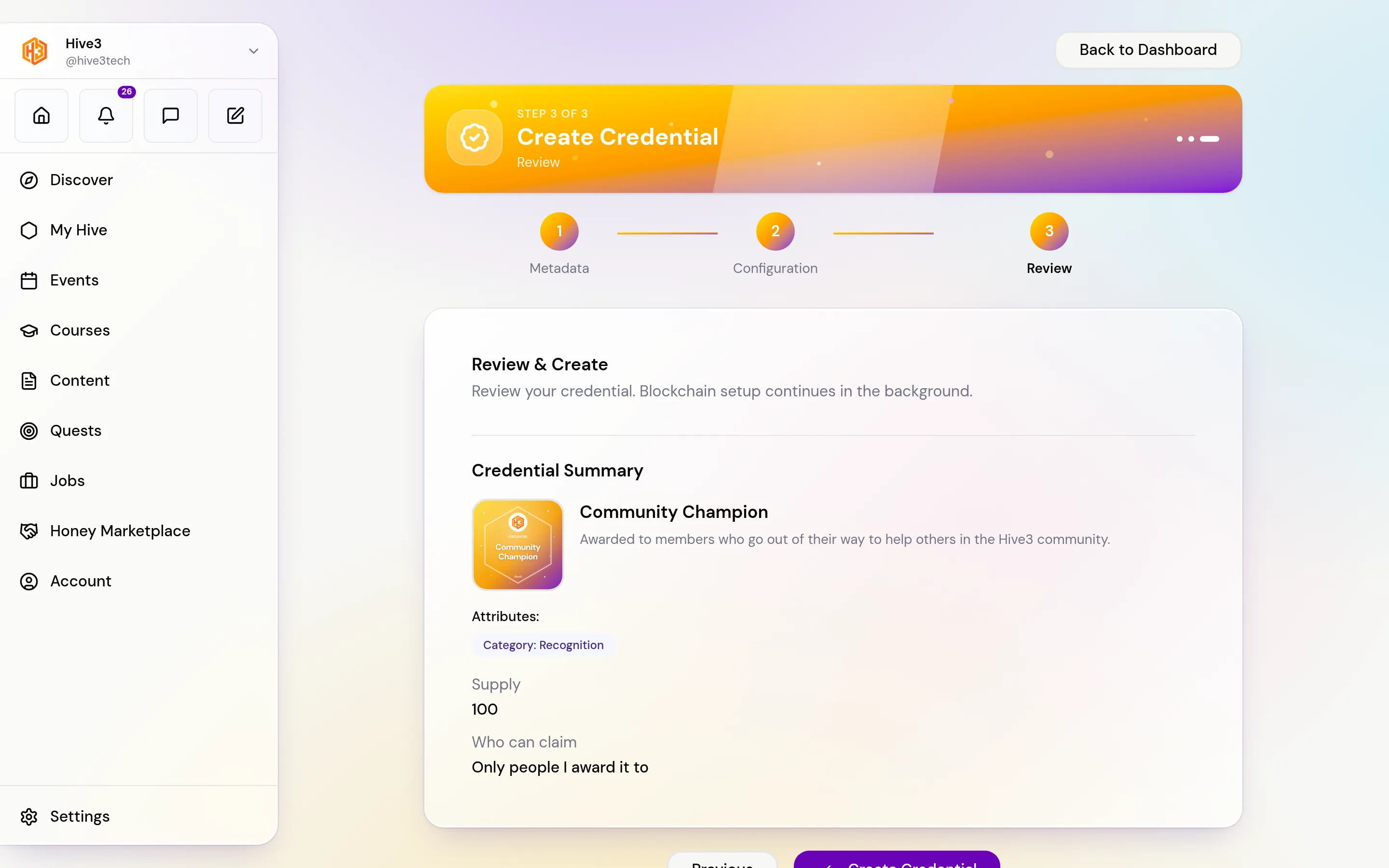 The Review and Create step of the credential wizard showing the credential summary, supply and claim access.