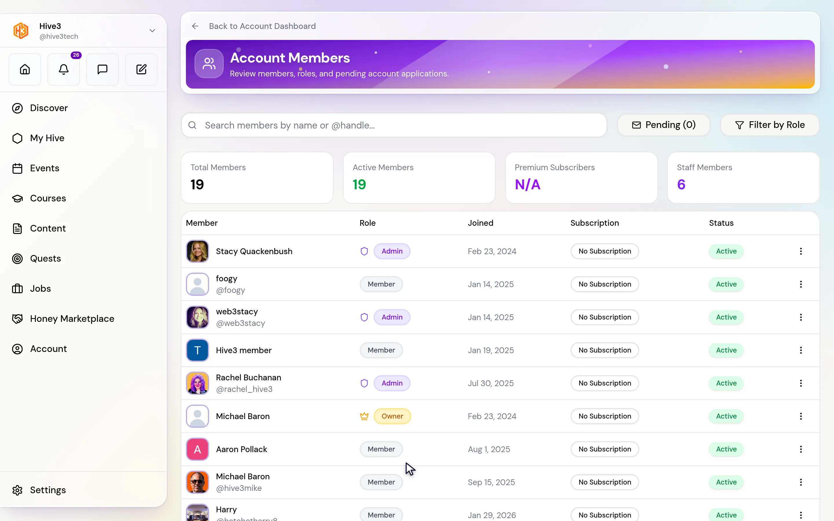 The Account Members page with member totals, a search box, the Pending button and a table of members with their roles.