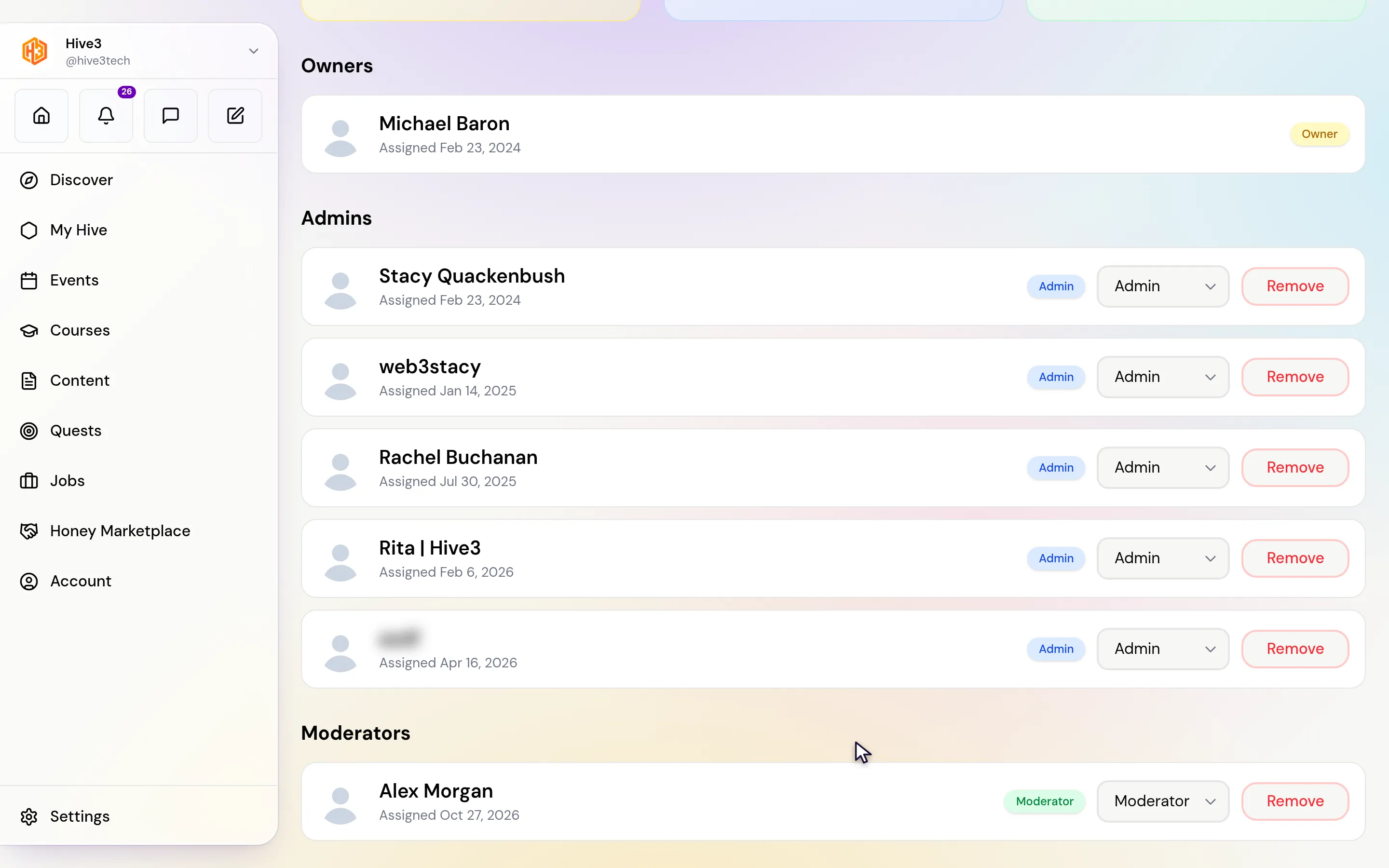 The Permissions page with Owner, Admins and Moderators counts and a list of people with role menus and Remove buttons.