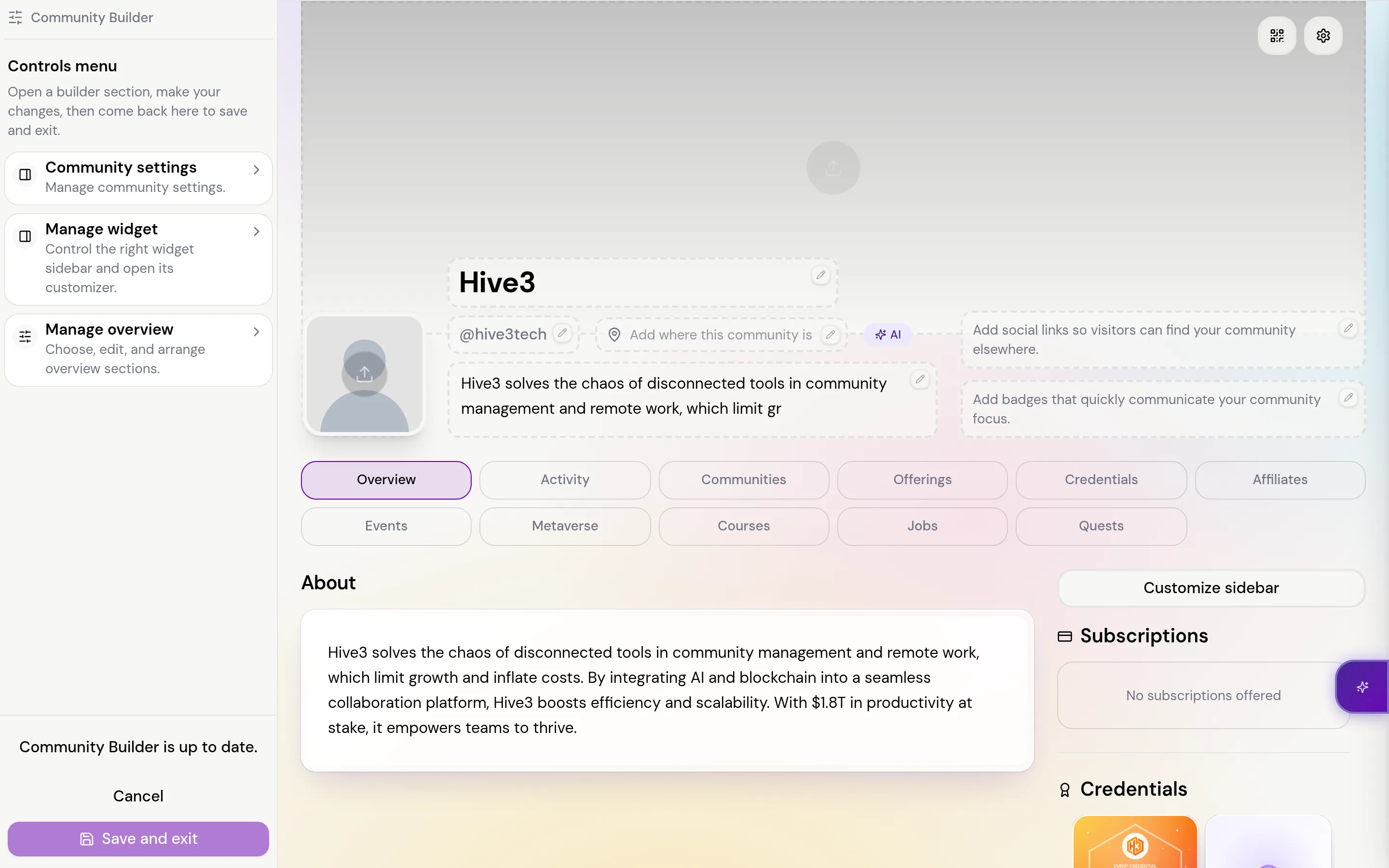 The Account Builder with the Controls menu on the left and the account page preview on the right.