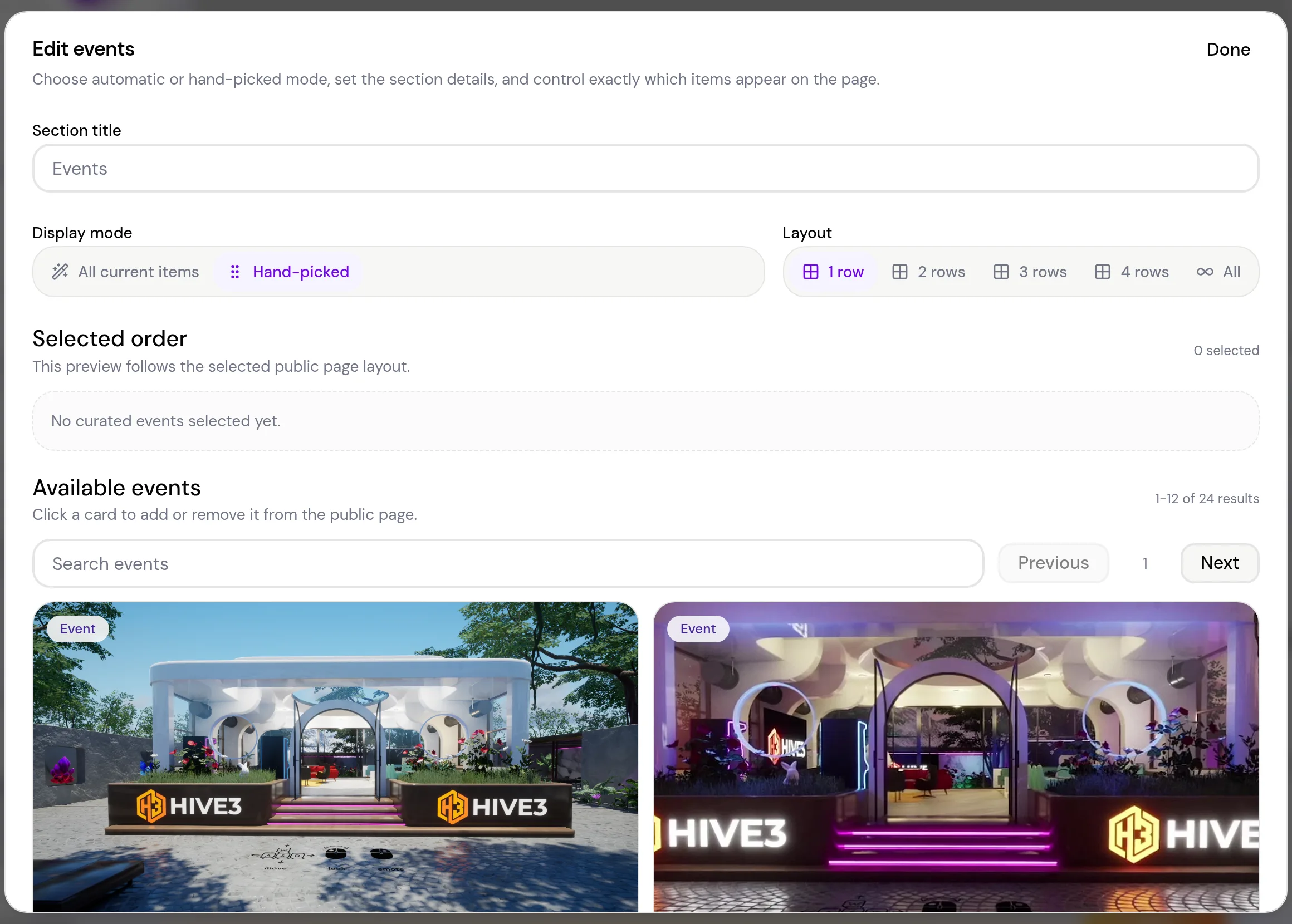 The Edit events window with Display mode set to Hand-picked, a Selected order list and a searchable list of available events.