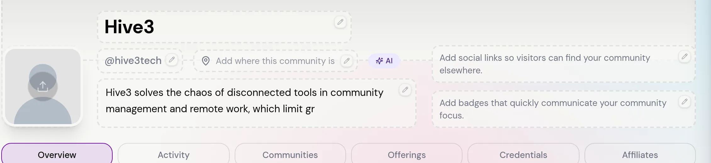 The page header in the Account Builder with the community name, handle and short description editable in place.