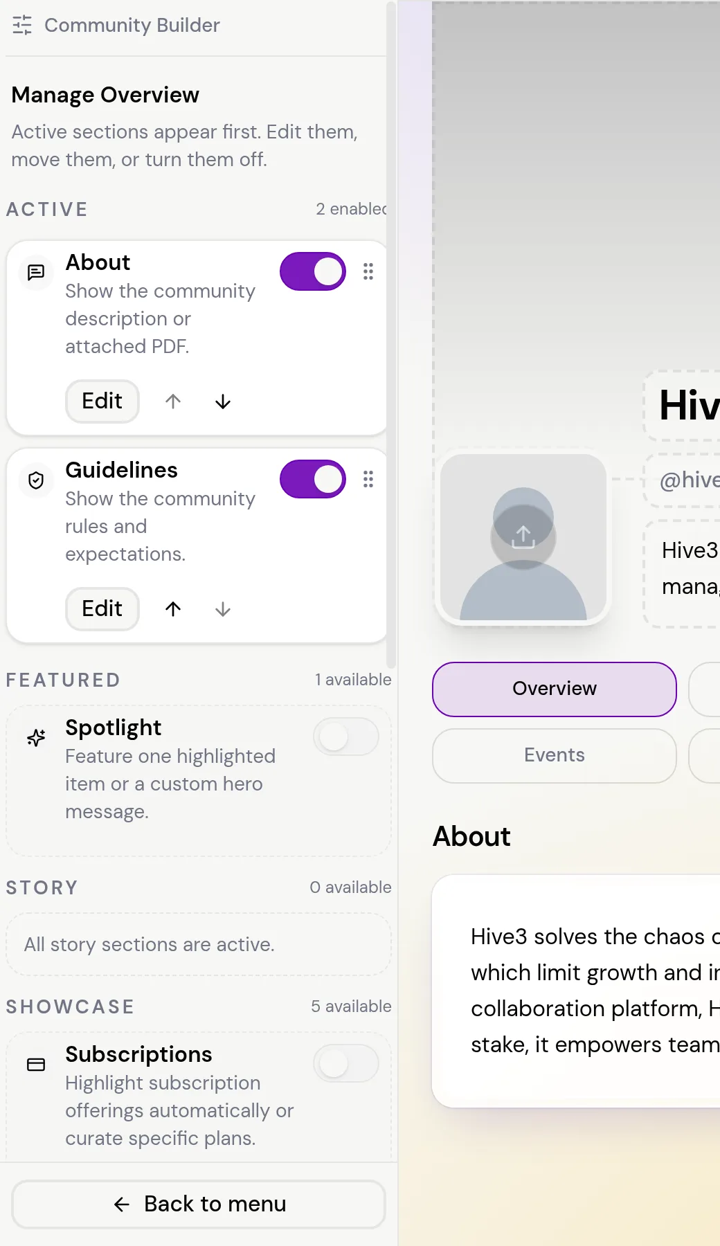 The Manage Overview panel with the Active list at the top and the Featured, Story, Showcase and Credentials categories below.