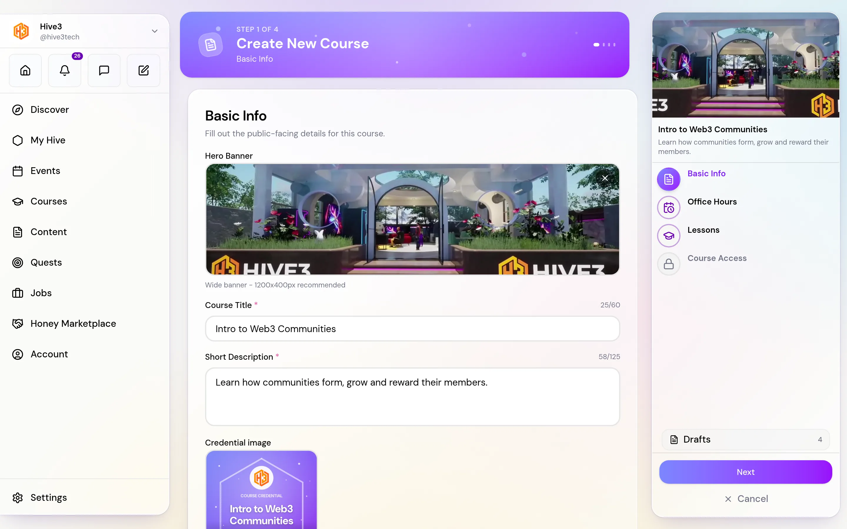 The Basic Info step of the Create New Course form with the hero banner, title, short description and difficulty choices.