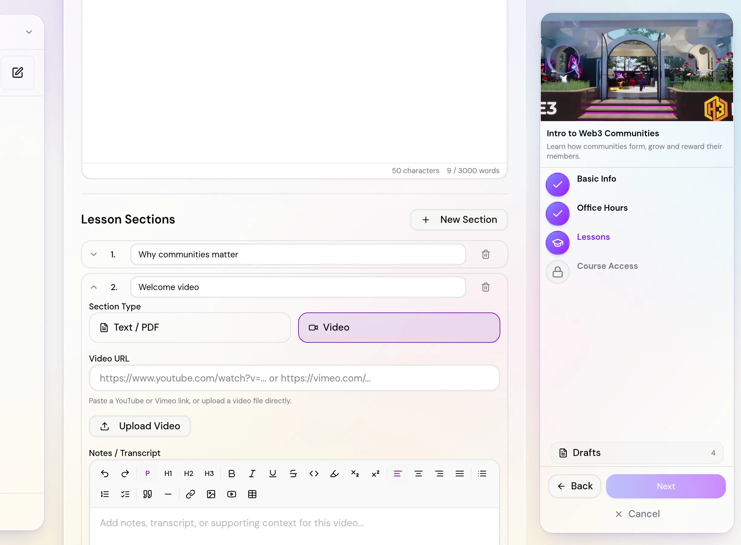 The Create New Lesson form with Lesson Title, Lesson Overview and a list of lesson sections with Text or Video types.
