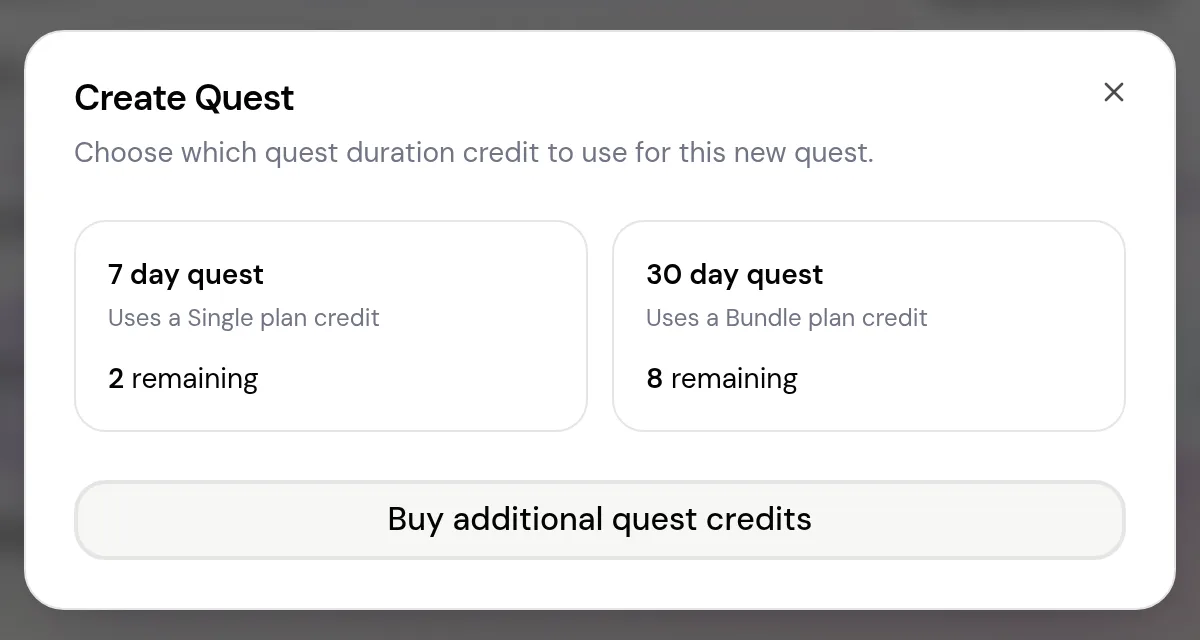 The Create Quest window with a 7 day quest option and a 30 day quest option, each showing credits remaining.