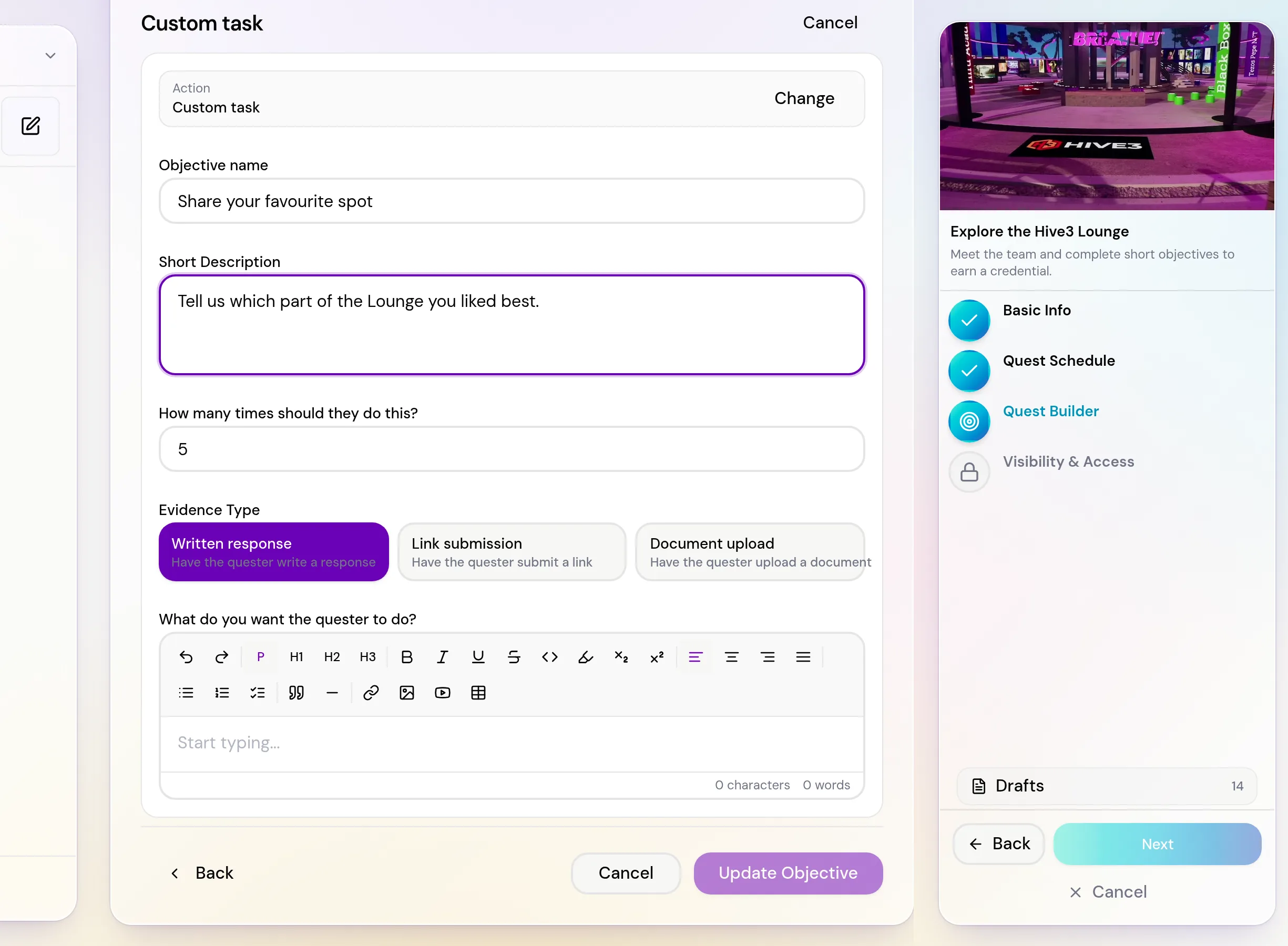 The custom task editor with Objective name, Evidence Type options and a description editor.