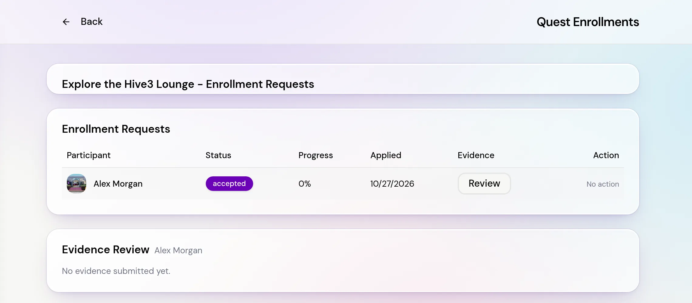 The Quest Enrollments page with the Enrollment Requests table showing an accepted participant with a Review button, and the Evidence Review panel below it.