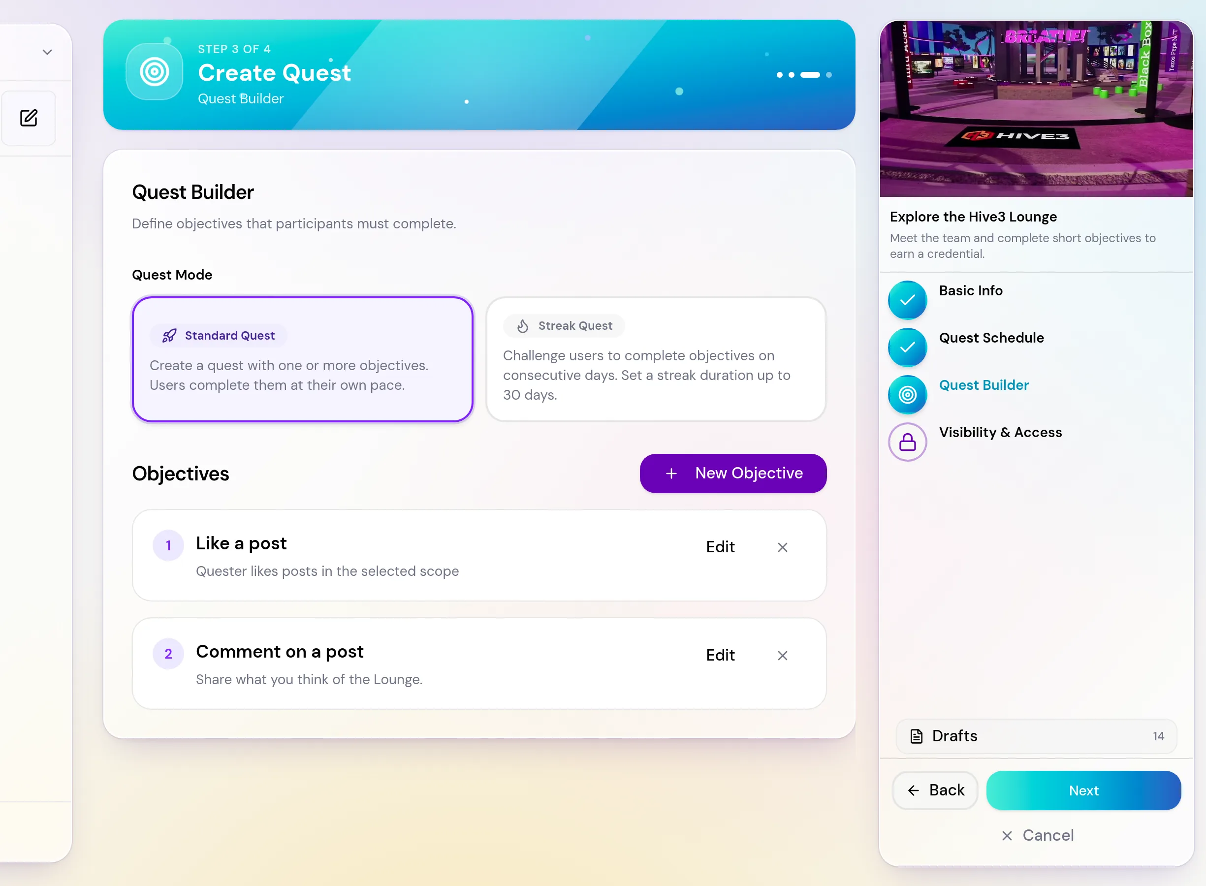 The Quest Builder step with Standard Quest and Streak Quest options and a list of objectives with a New Objective button.