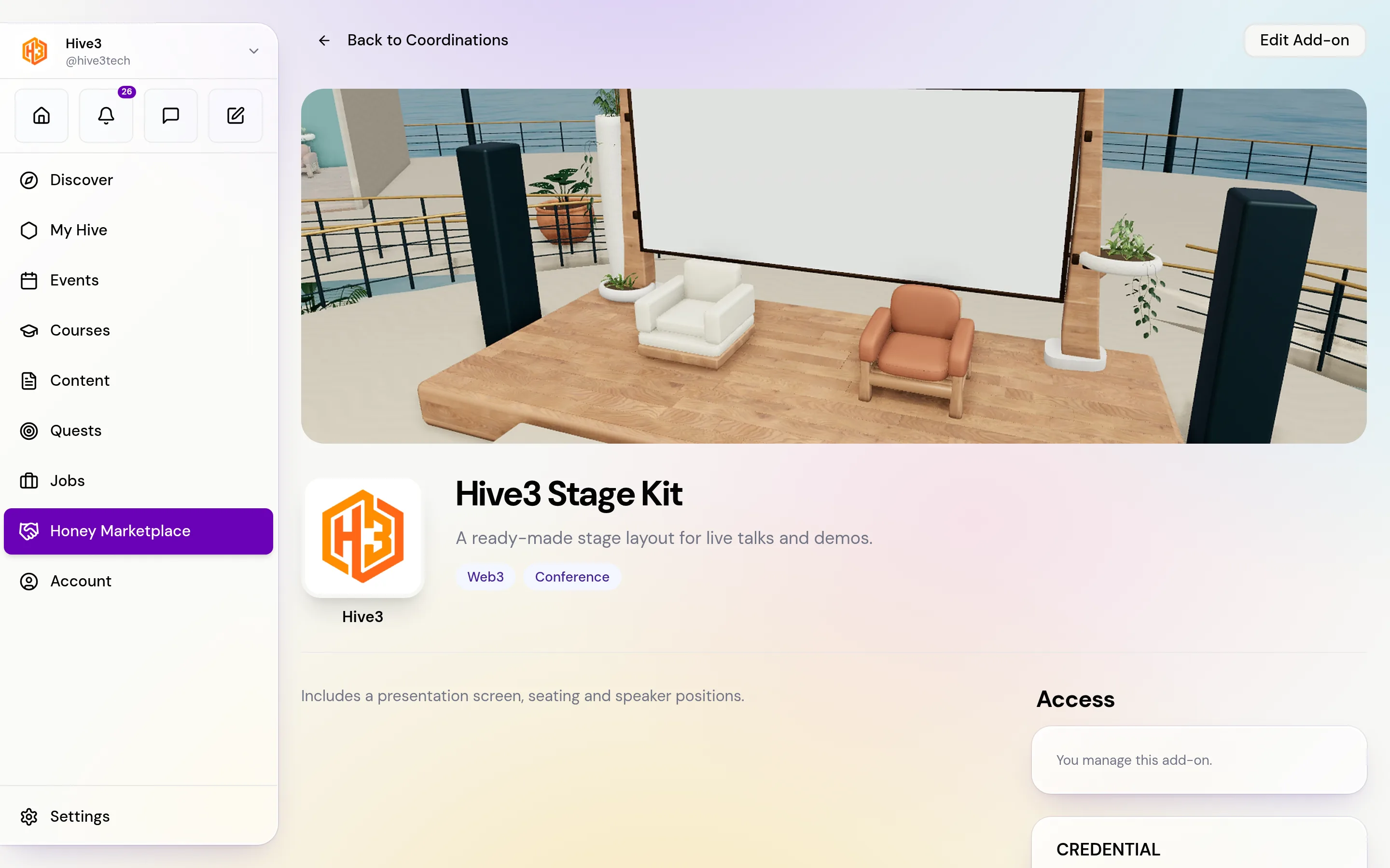 An add-on page with the banner, title and description, and the Access card on the right. As the owner you see You manage this add-on.