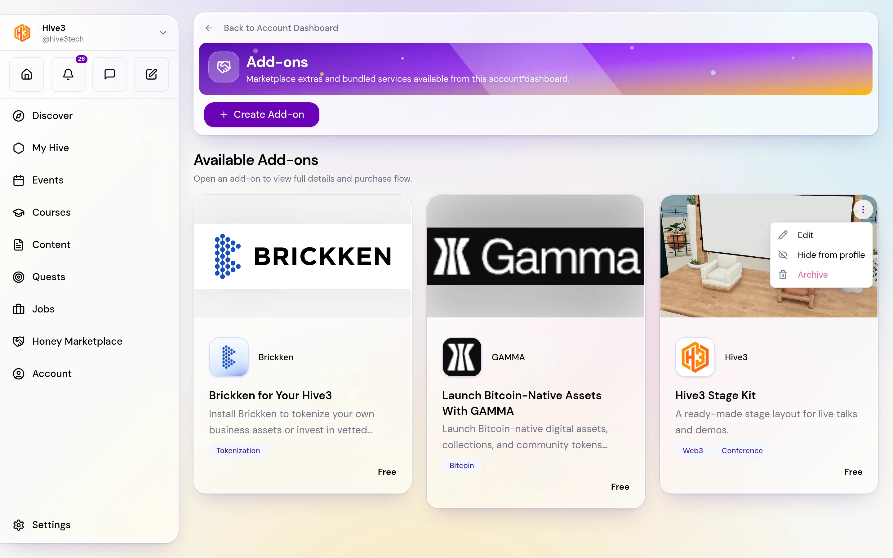 The Add-ons page with a Create Add-on button and the Available Add-ons grid.
