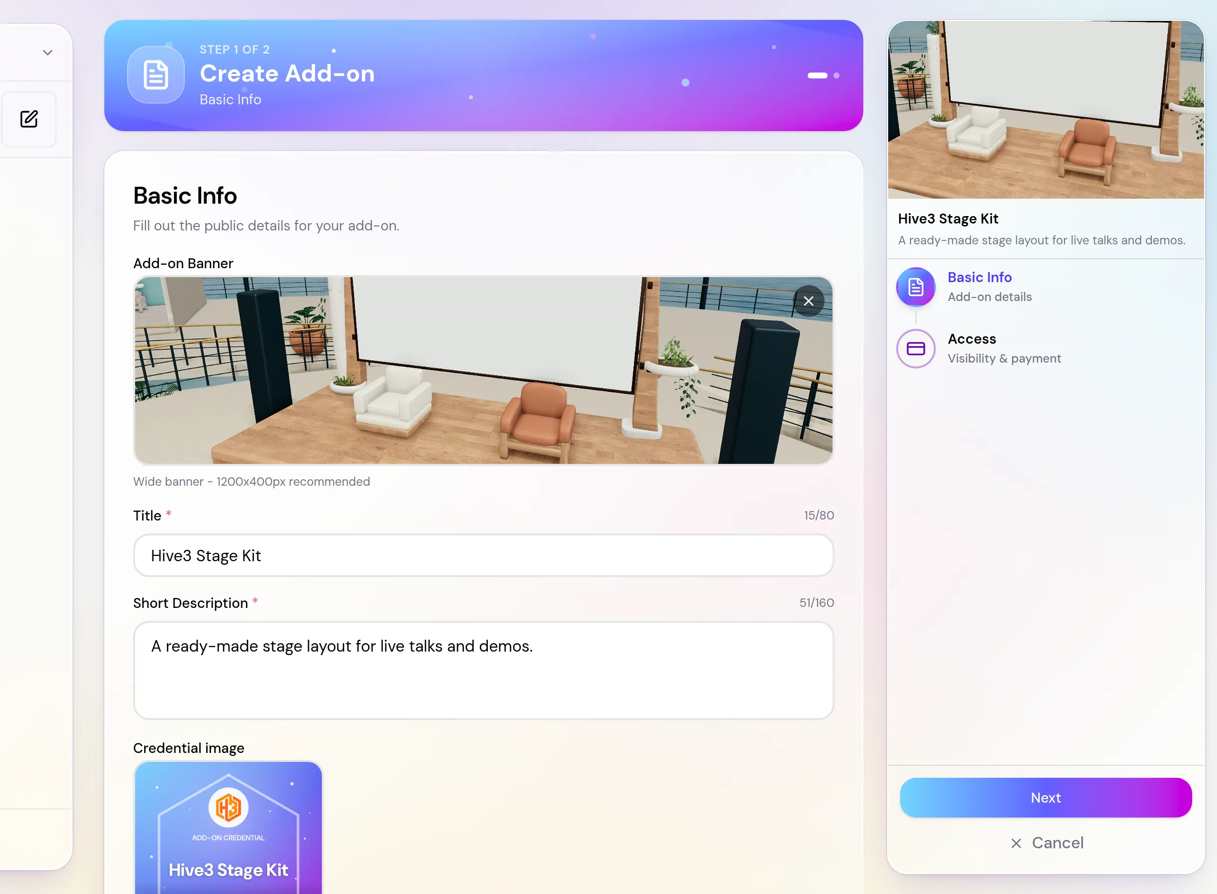 The Basic Info step of the Create Add-on form with banner, title, short description, external URL and detailed description.