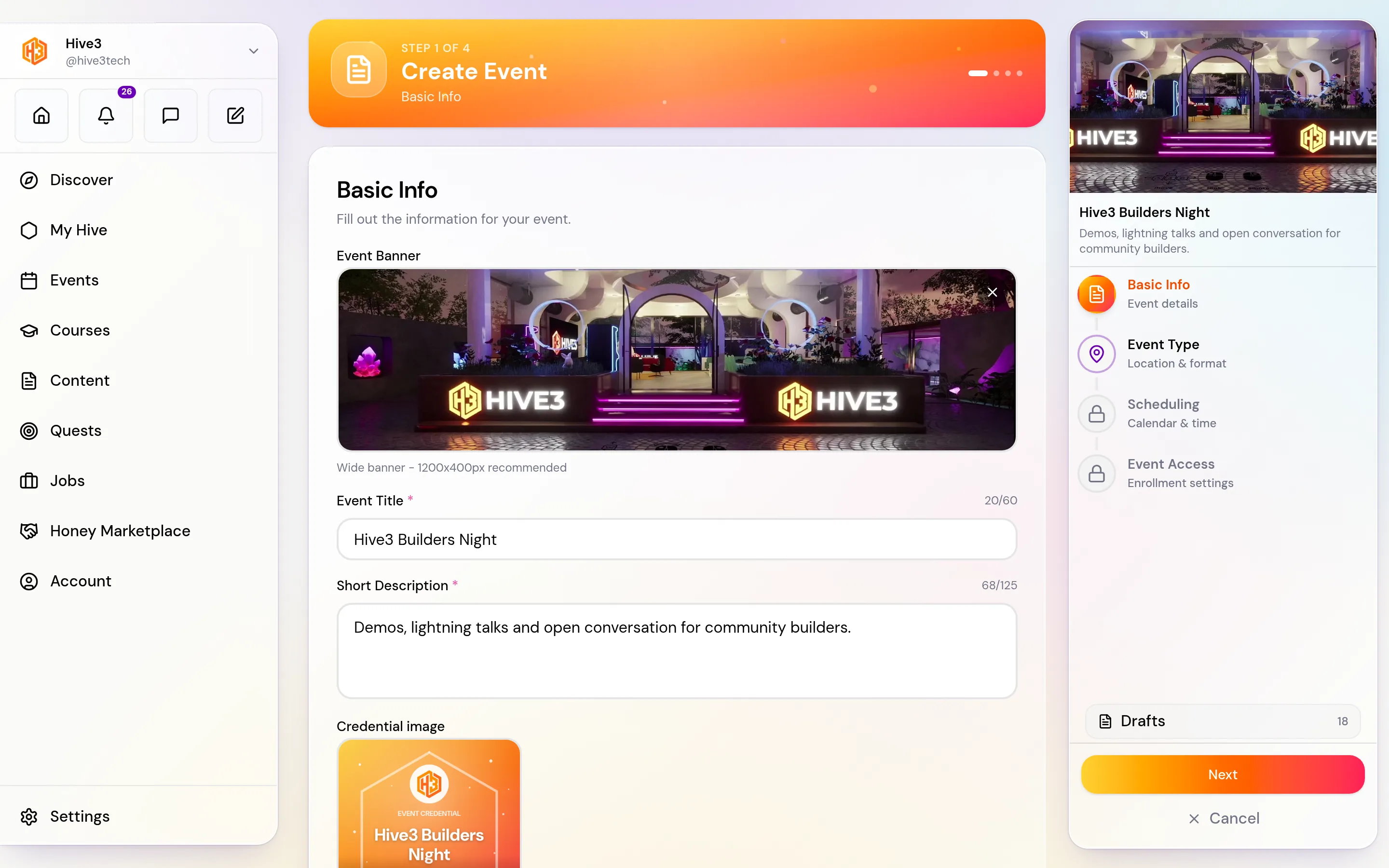 The Basic Info step of the Create Event form with banner upload, Event Title, Short Description and Full Description fields.