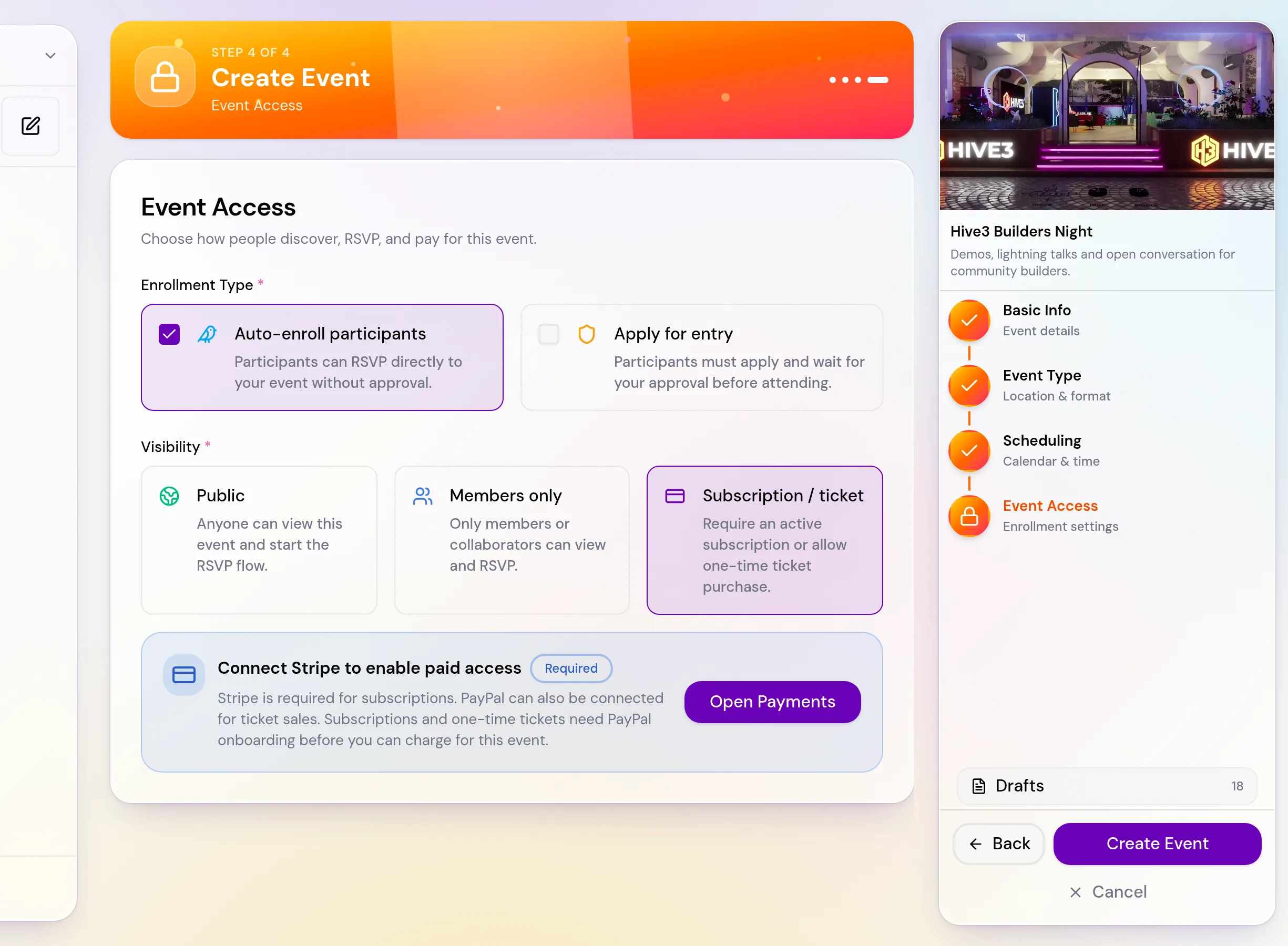 The Event Access step with Subscription / ticket selected, showing the Connect Stripe to enable paid access notice and an Open Payments button.