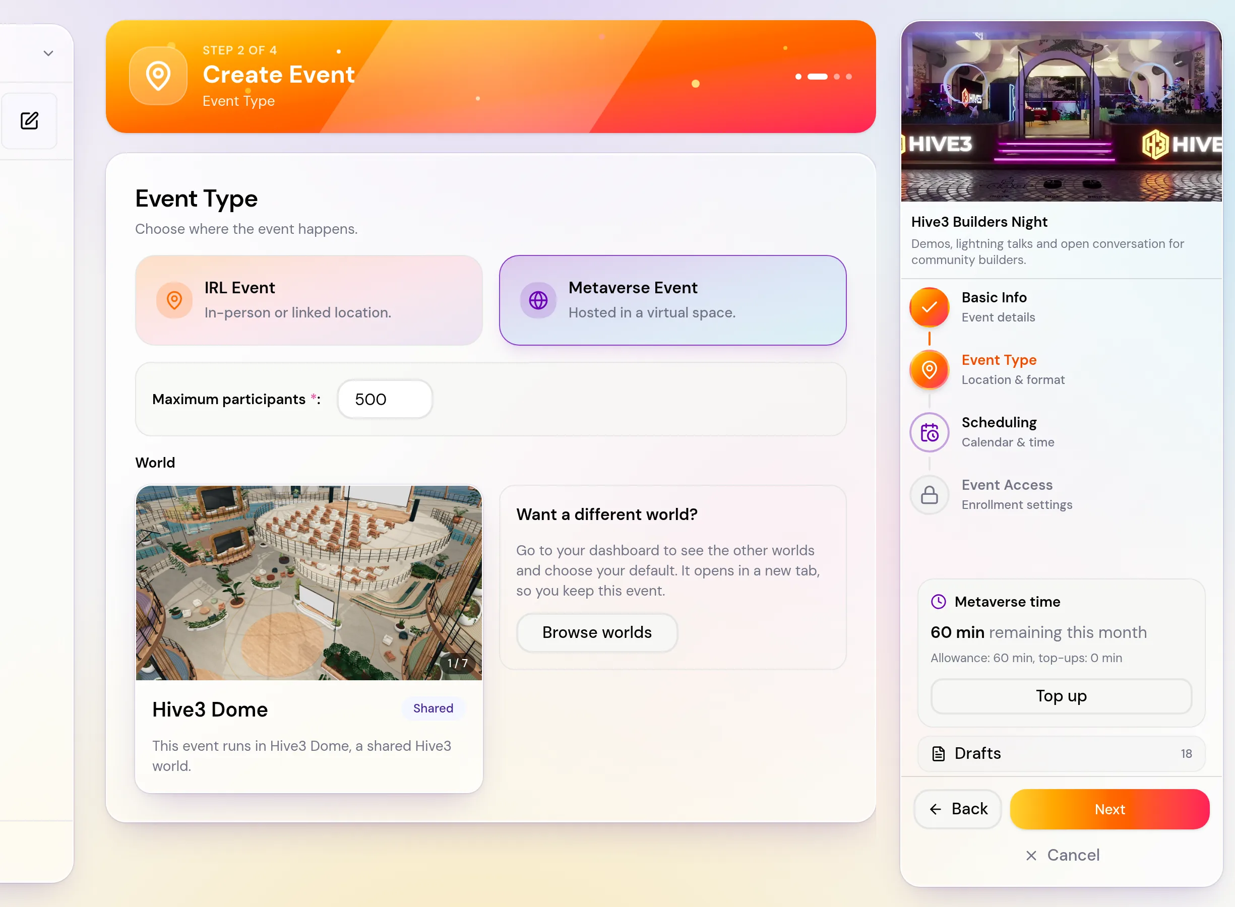 The Event Type step with Metaverse Event selected, a Maximum participants field and the shared world available to your plan.