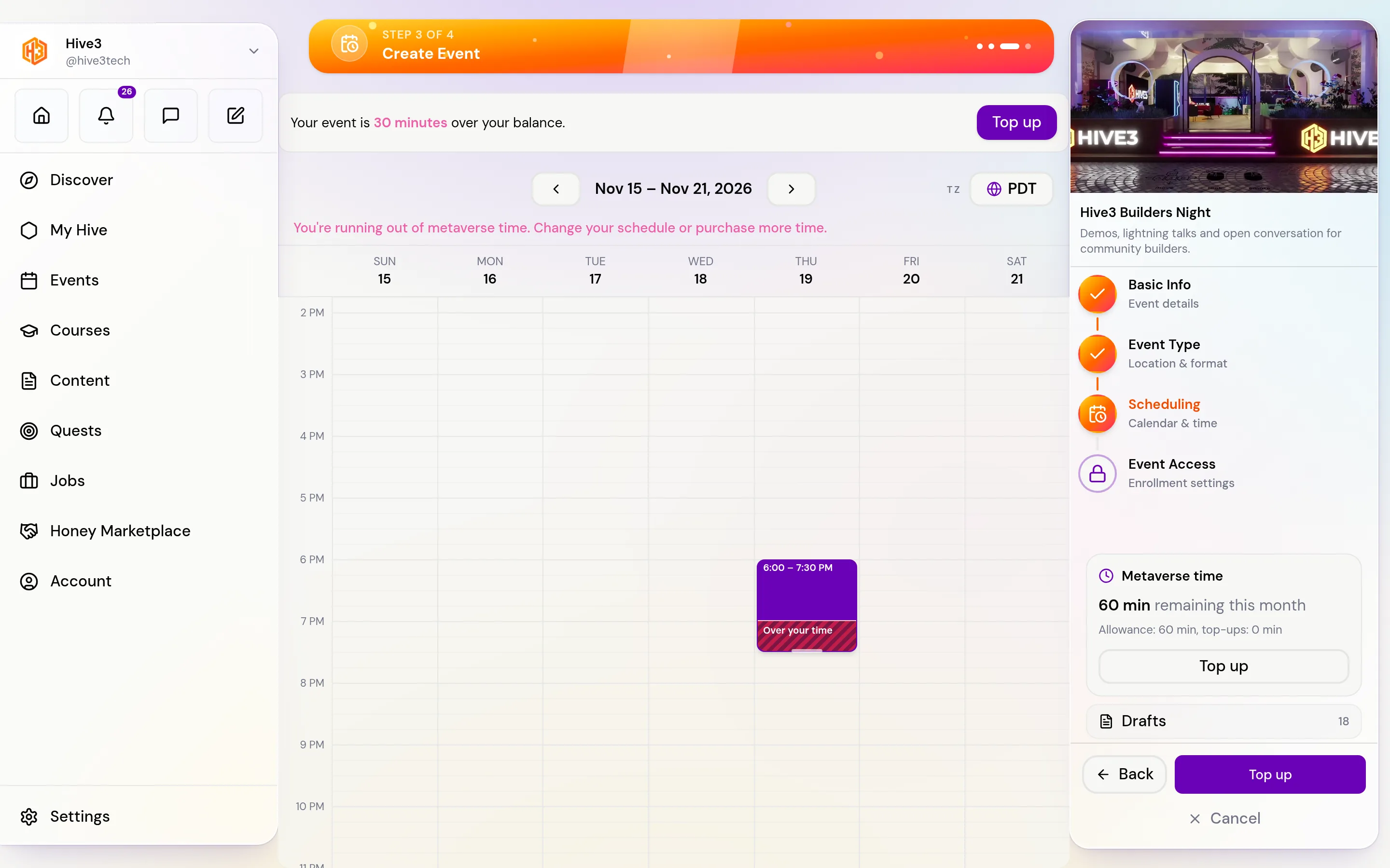 The Scheduling step showing a weekly calendar with a selected block of time, the time zone menu and a metaverse time message.