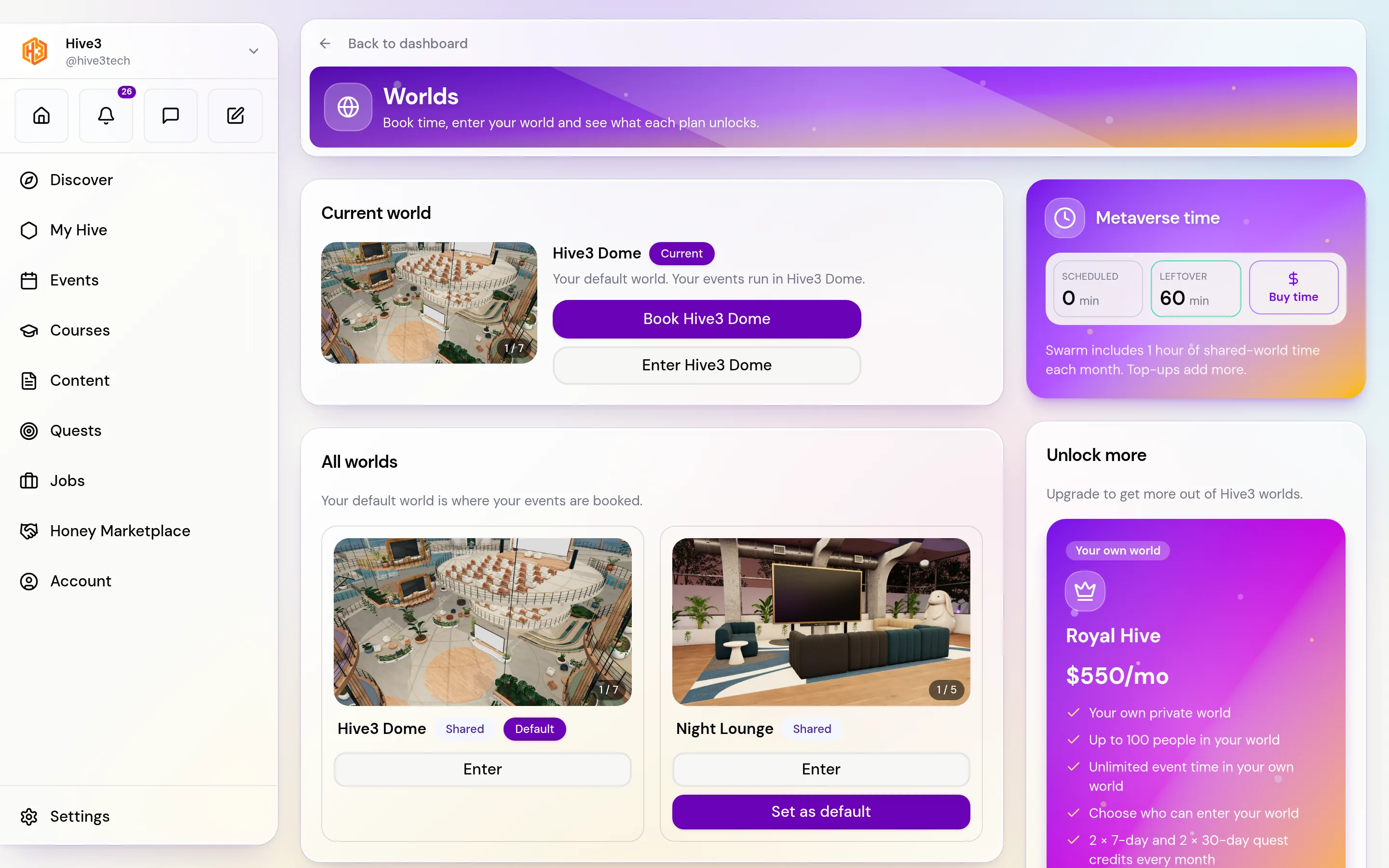 The Worlds page with the Current world card, an All worlds grid of shared worlds and a Metaverse time card.
