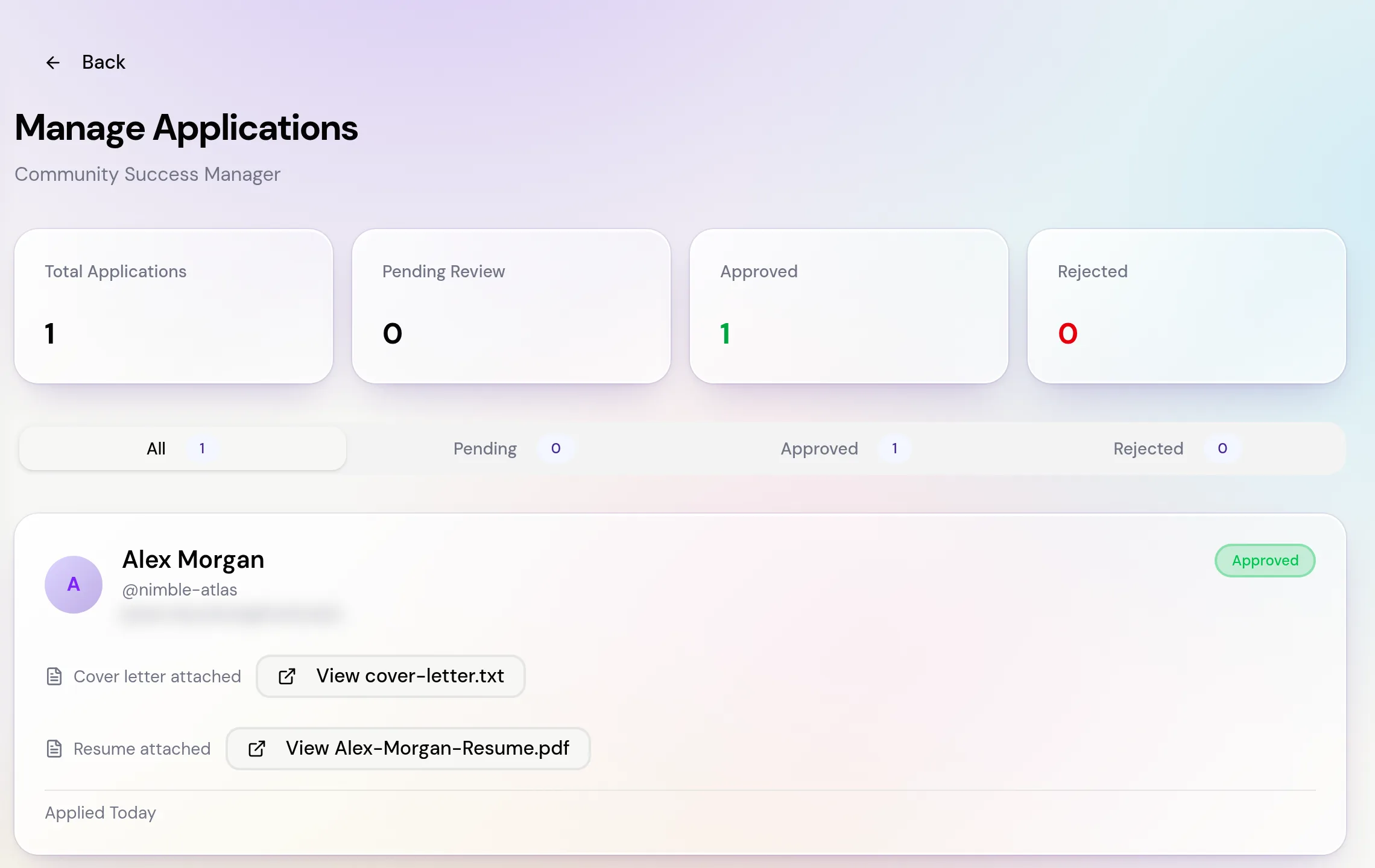 The Manage Applications page with four summary count cards, All, Pending, Approved and Rejected tabs, and an approved applicant with an Approved status plus their attached cover letter and resume.