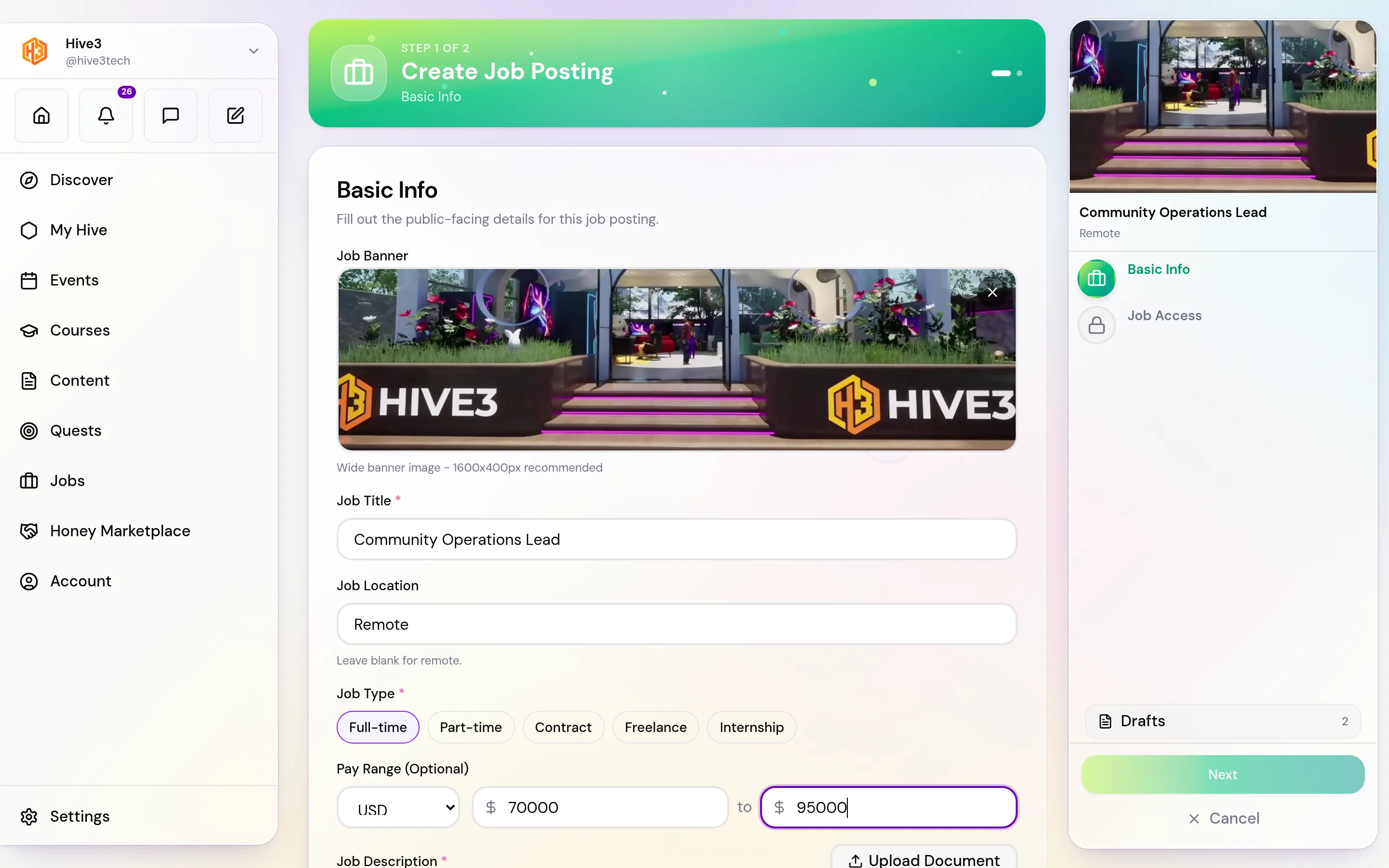 The Basic Info step of the Create Job Posting form with job banner, title, location, job type buttons and pay range.