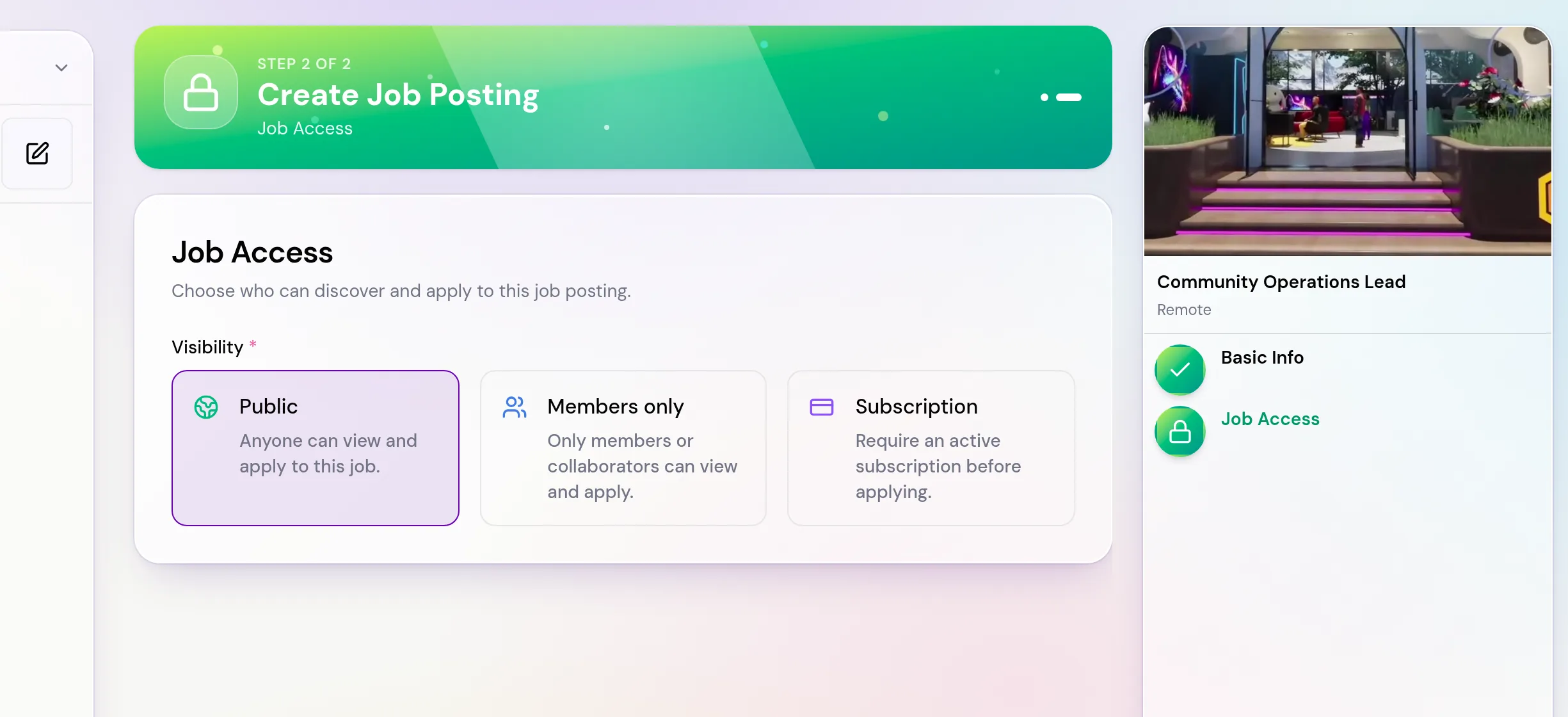 The Job Access step with Public, Members only and Subscription options.