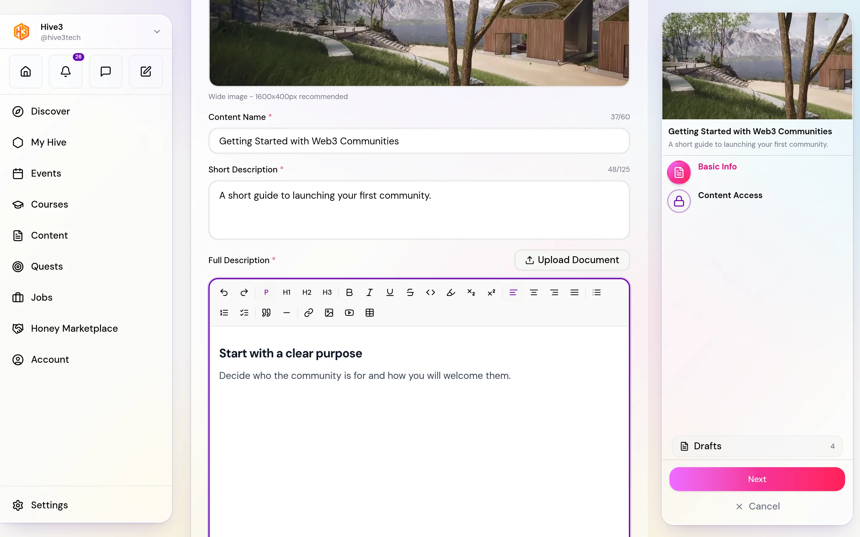 The Basic Info step of the Create New Content form with a banner upload, name, short description and the rich text editor.
