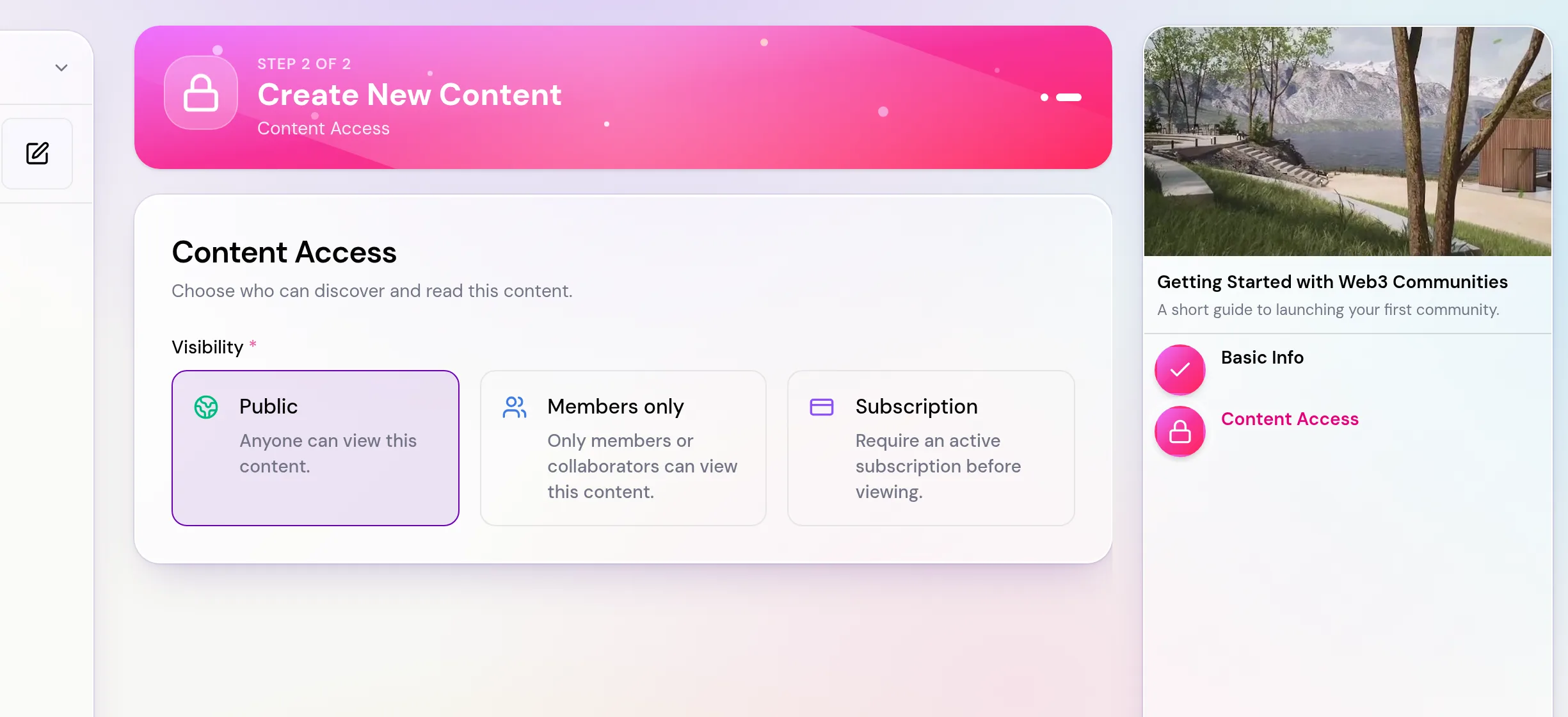 The Content Access step with Public, Members only and Subscription options.