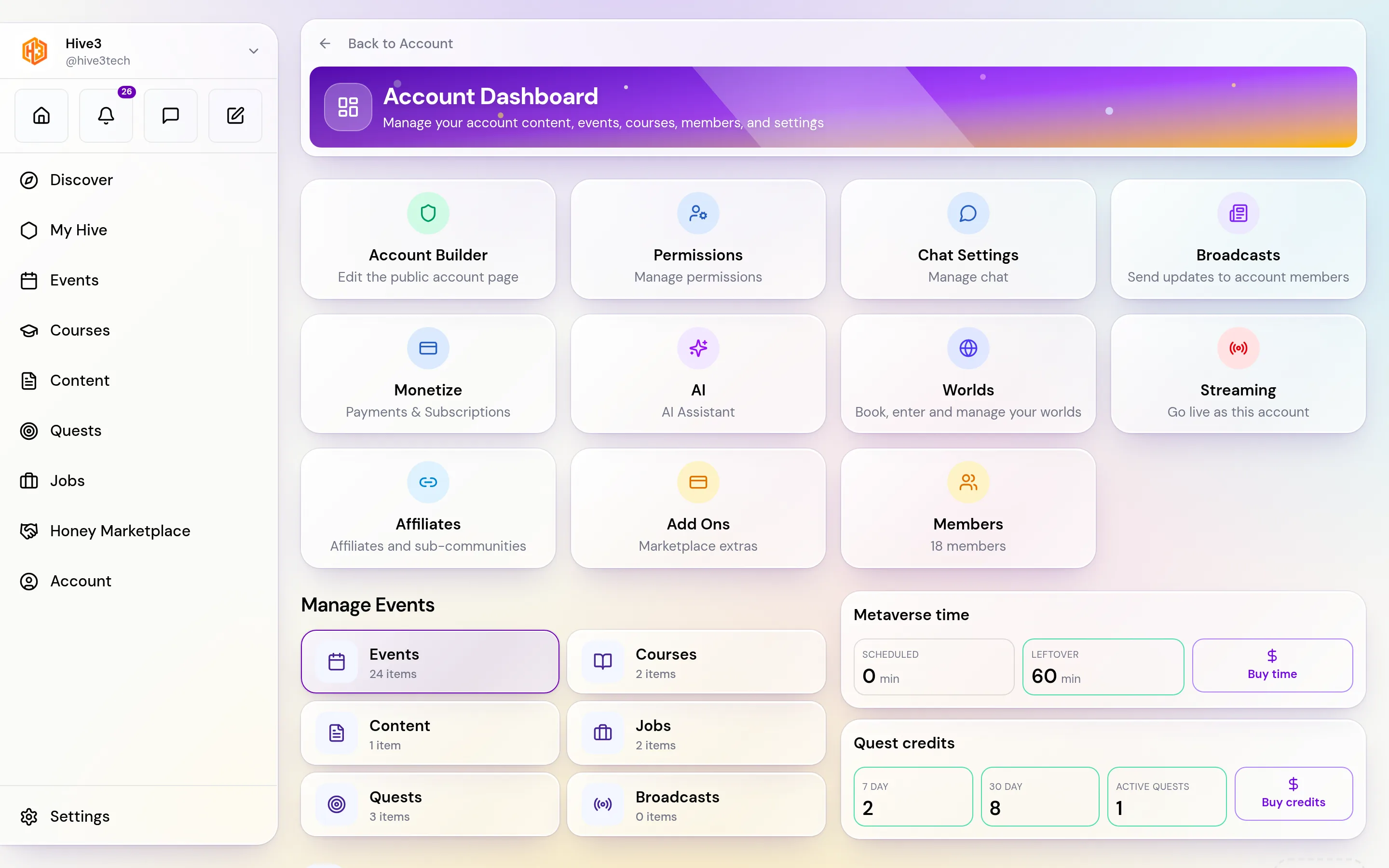 The Account Dashboard with the Events tab selected, the Metaverse time and Quest credits panels, and a row of cards such as Account Builder, Streaming and Members.