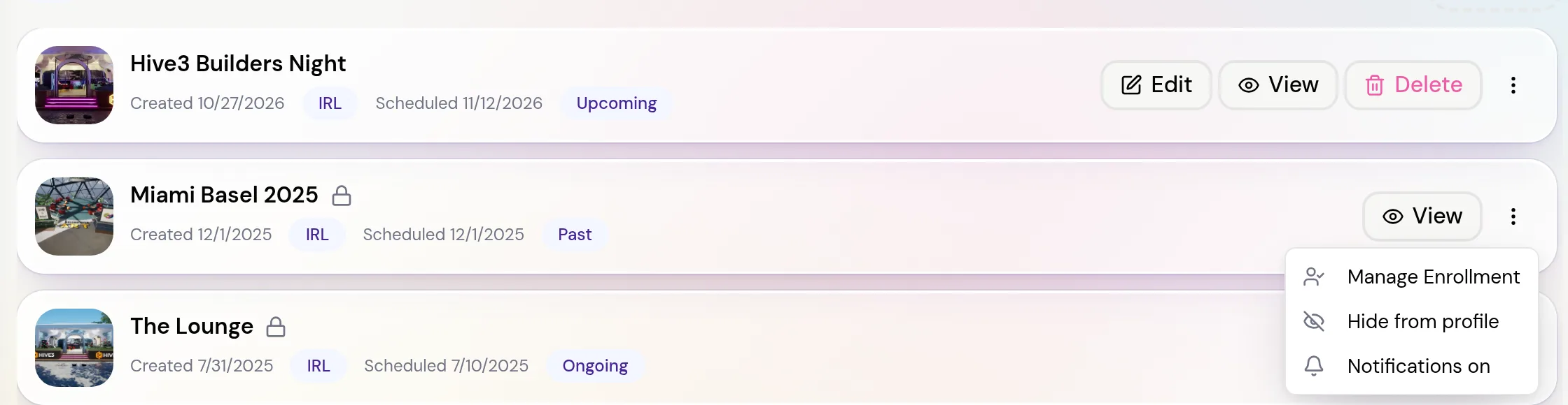 An event row on the dashboard with the More actions menu open, showing Manage Enrollment, Hide from profile and Notifications on.