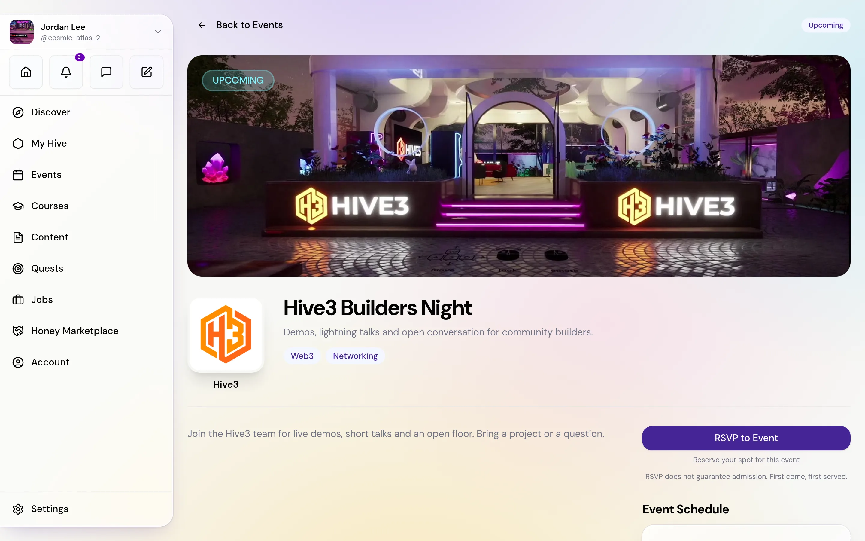 An event page with the title, the UPCOMING badge, the schedule and the RSVP to Event button in the right-hand column.