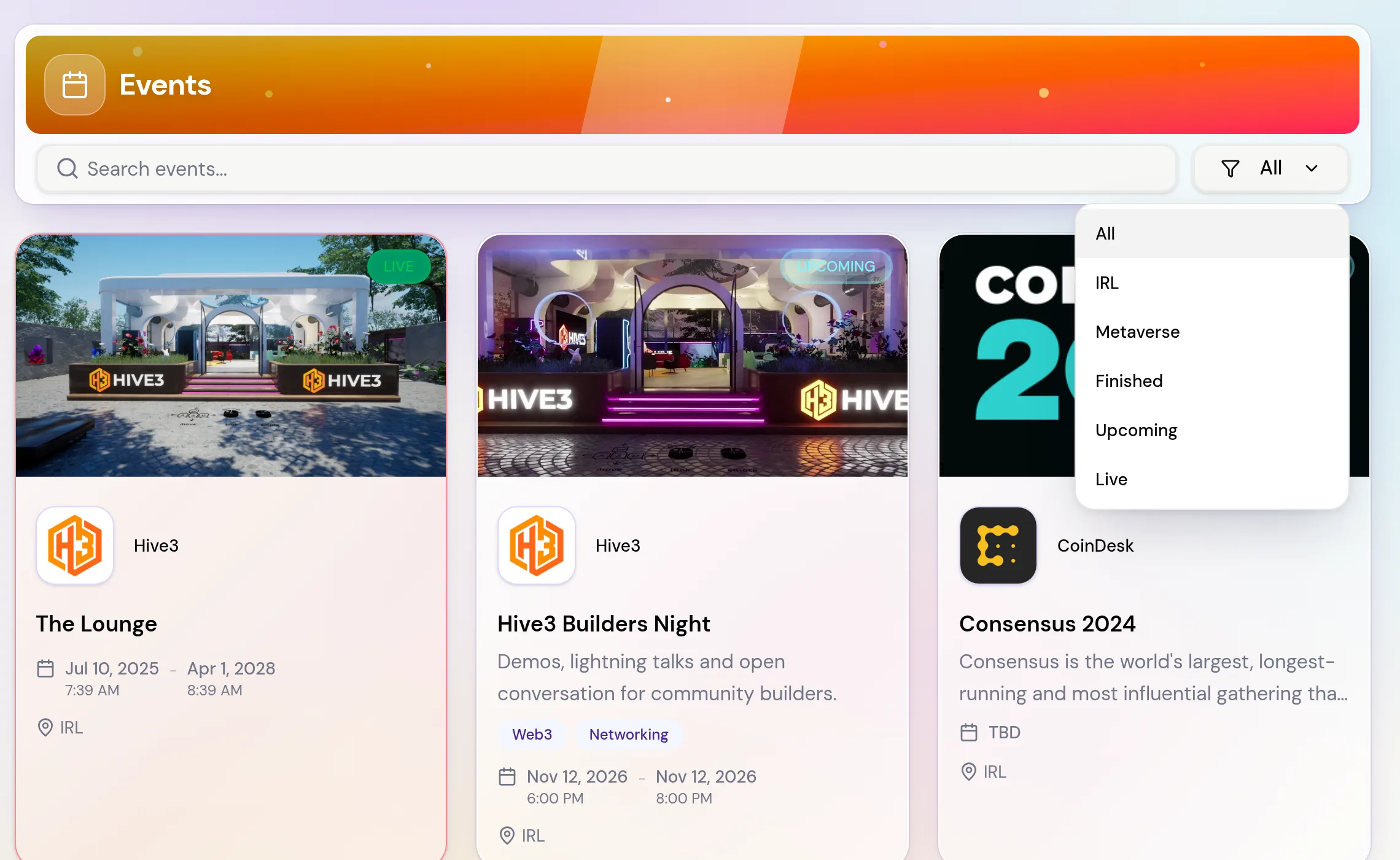 The Events directory with the search box, the filter menu showing All, IRL, Metaverse, Finished, Upcoming and Live, and a grid of event cards.