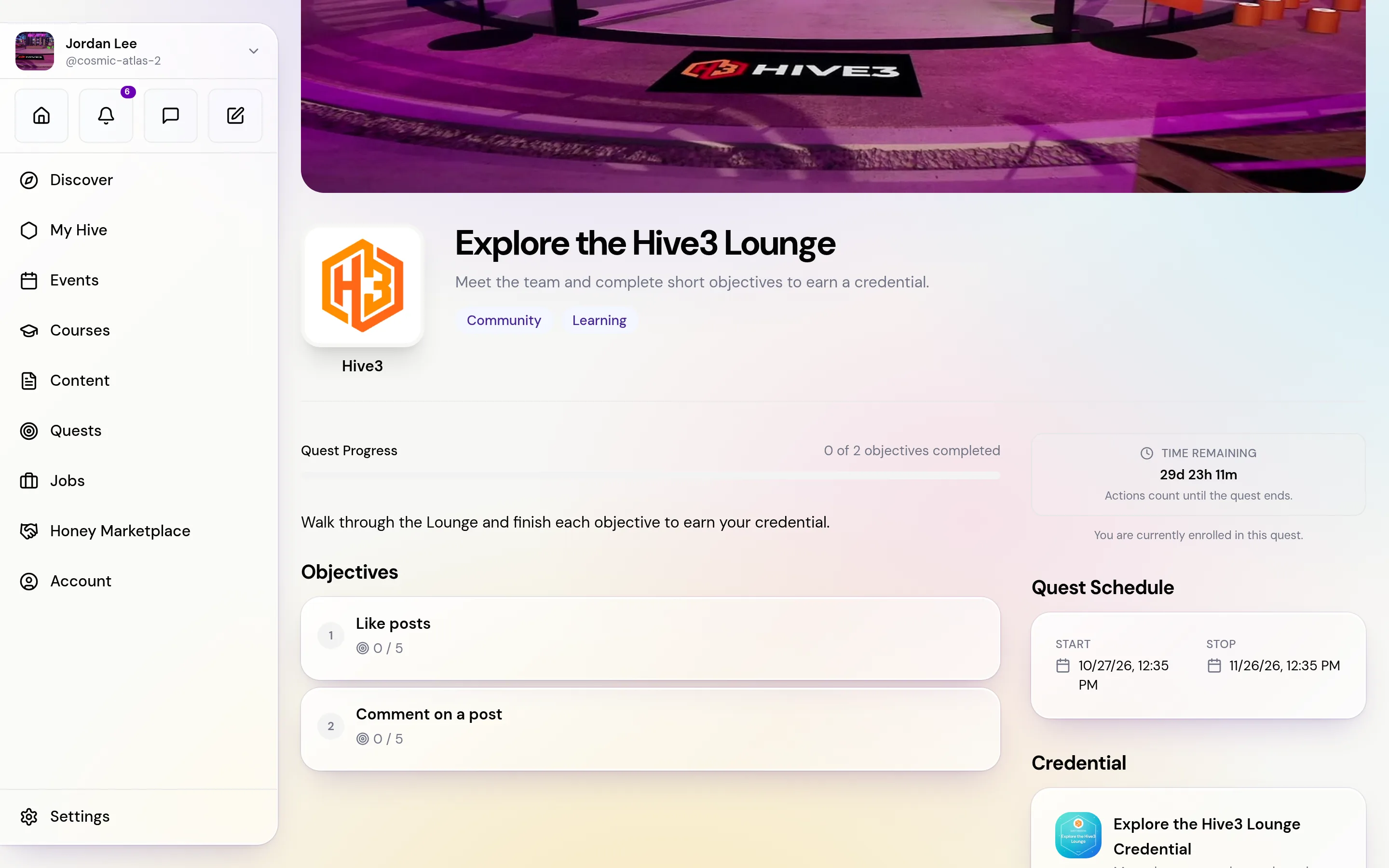 A quest page after you begin: the title, the Quest Progress bar, the objectives with their targets, the time remaining, the quest schedule and the Credential card.