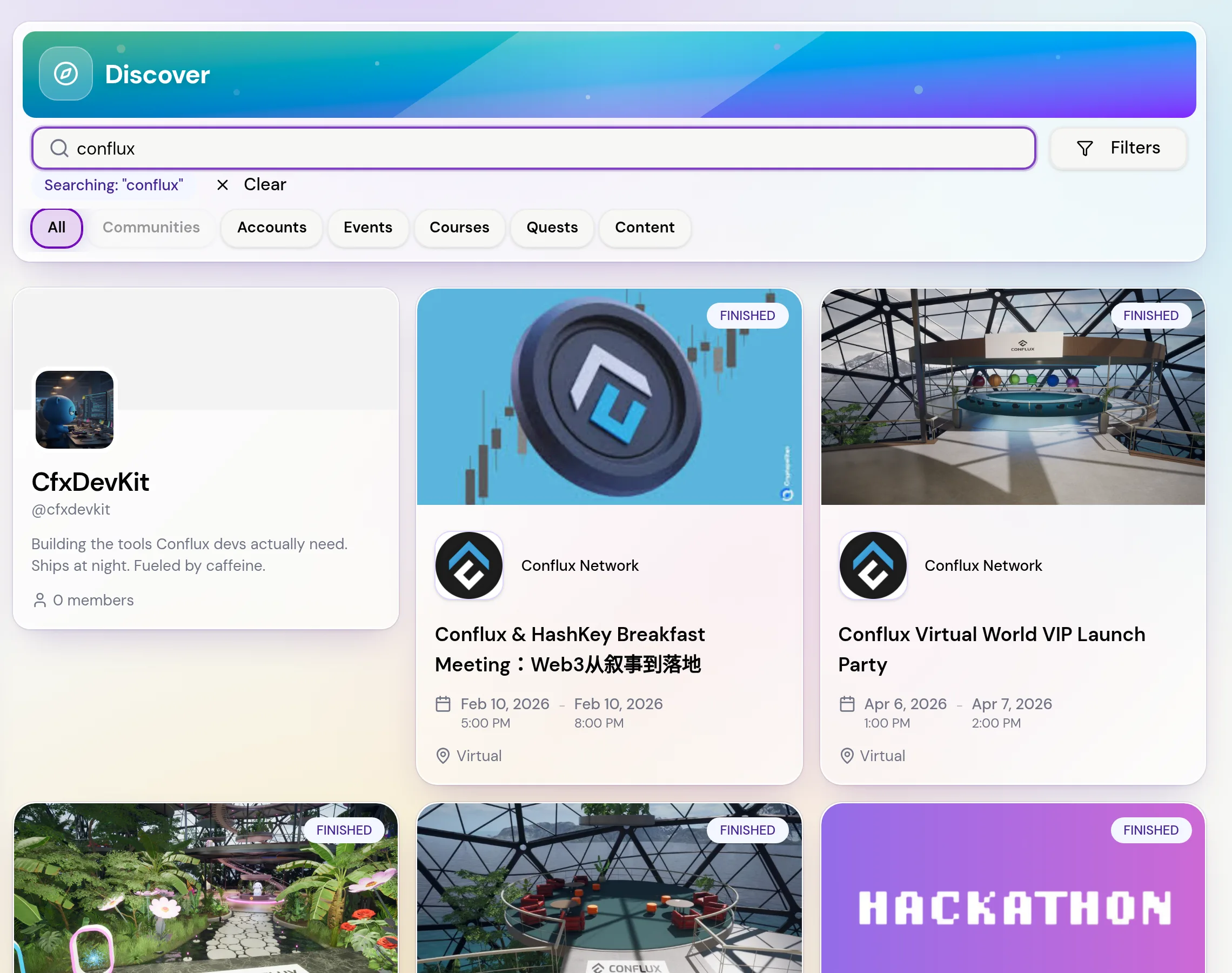 The Discover page with a search typed in, the category tabs under the search box and community cards in the results.