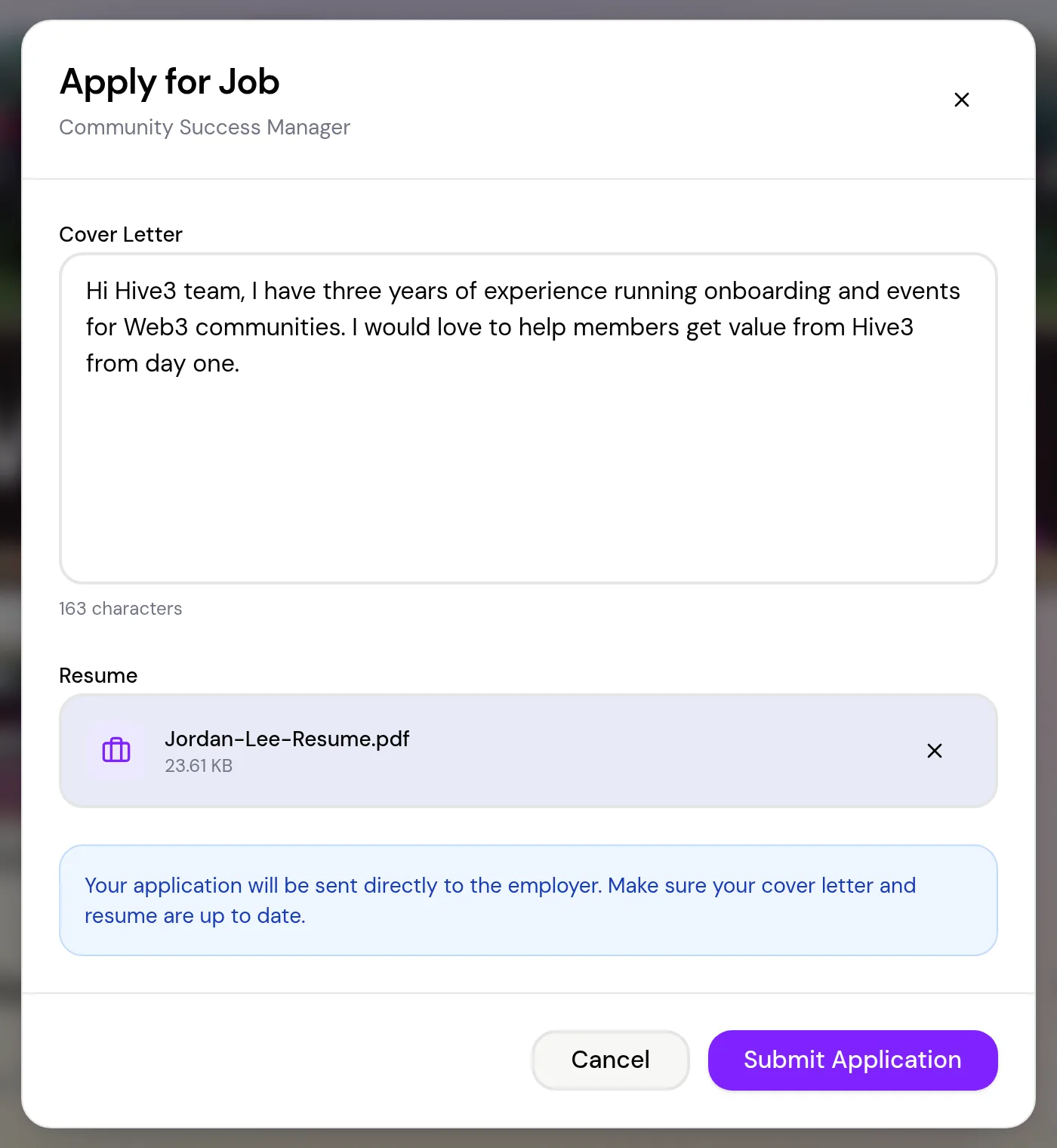 The Apply for Job window with the job title, a Cover Letter text box, an uploaded resume file and the Submit Application button.