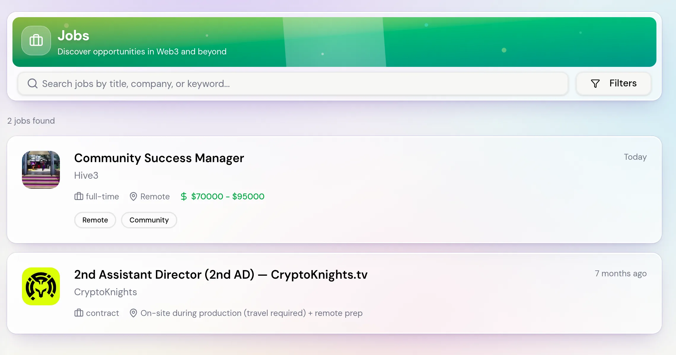 The Jobs page with the search box, the Filters button and a list of job cards showing title, employer, type, location and pay.