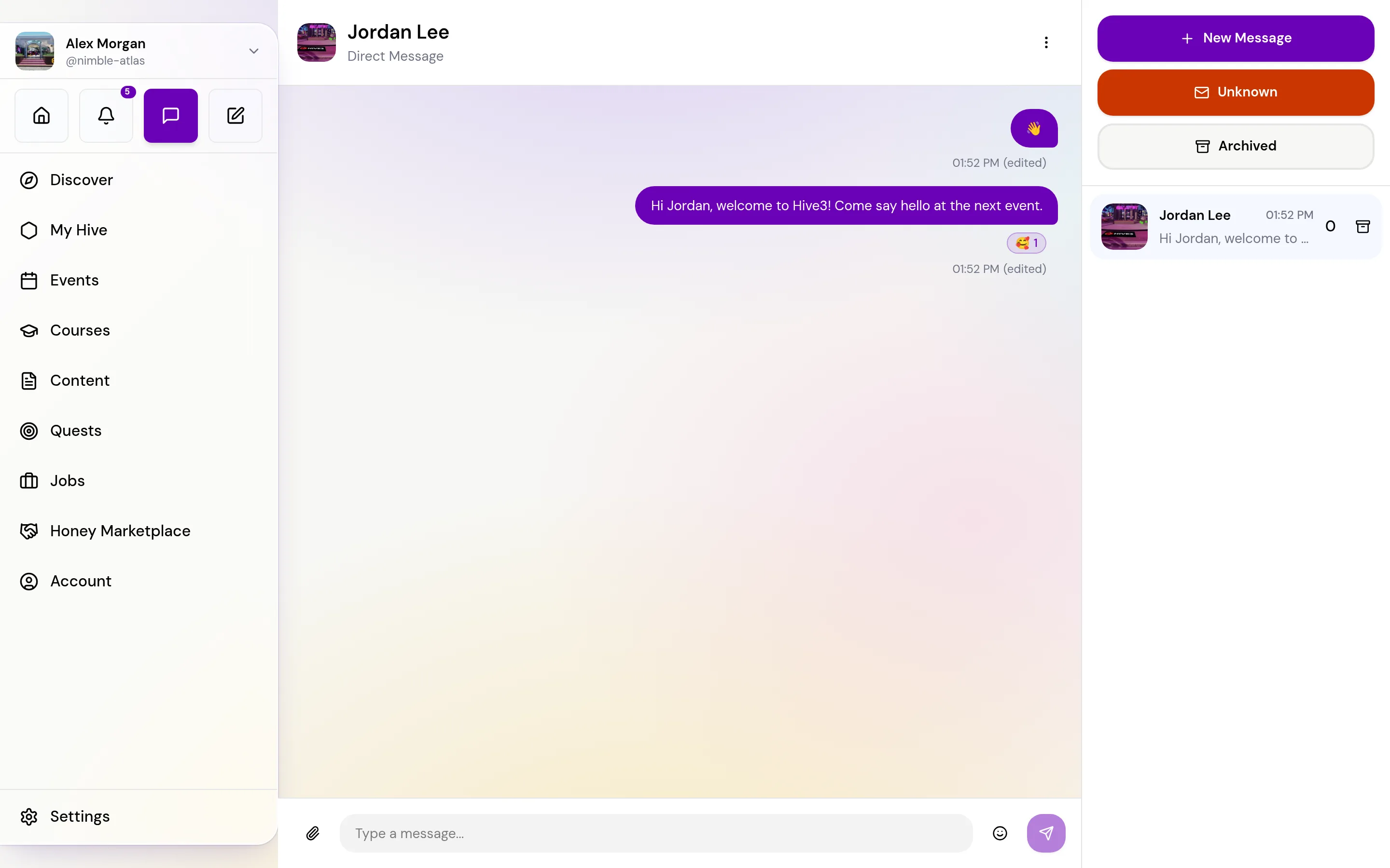 The Messages page with a conversation open in the middle and the conversation list on the right, with the New Message, Unknown and Archived buttons above it.