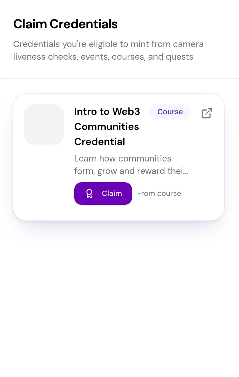 The Claim Credentials panel listing a credential from a course, with a Course category badge, the name of what it is for and a Claim button.