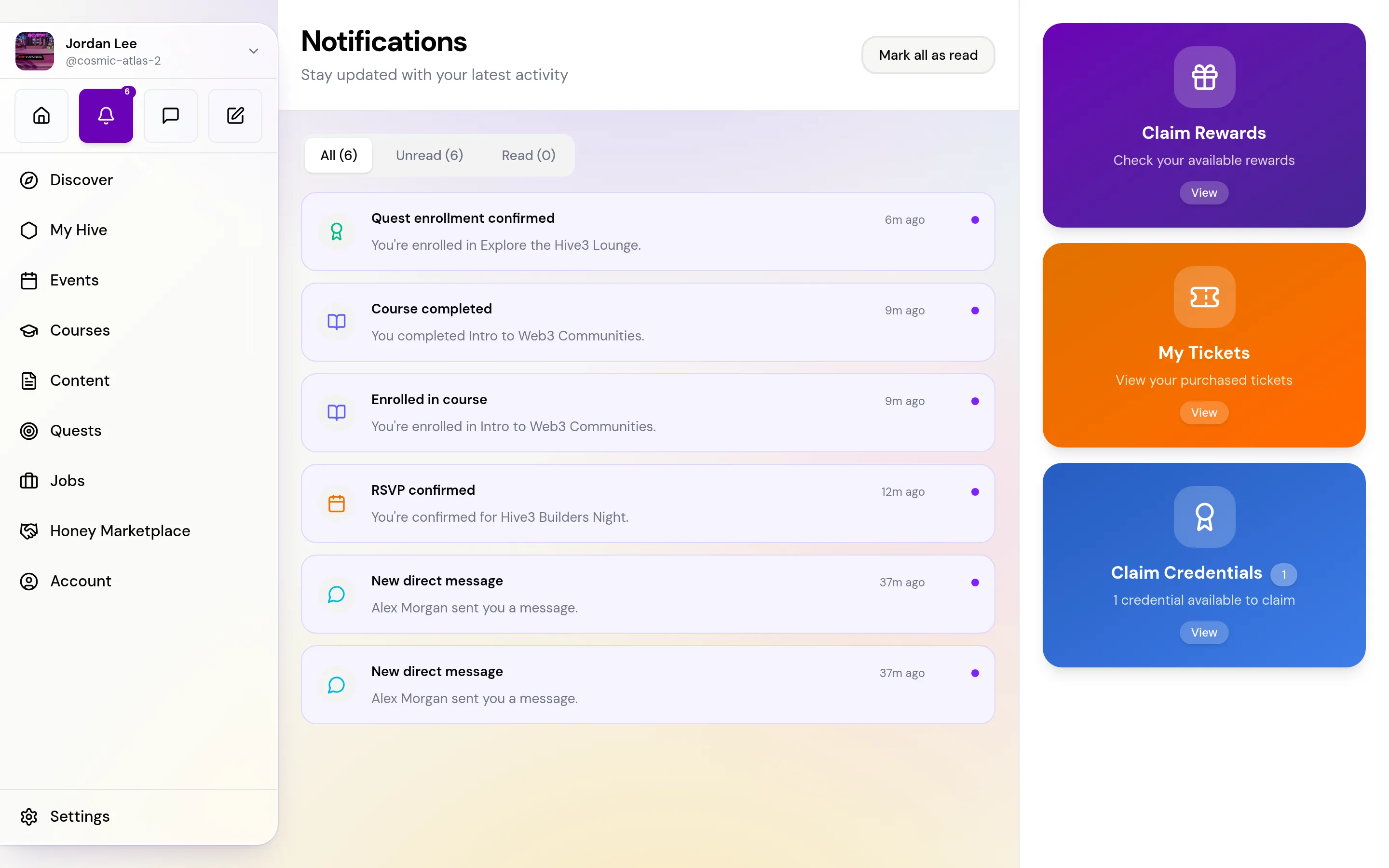 The Notifications page with the All, Unread and Read filters, a list of notifications with unread dots, and the Claim Credentials and My Tickets panels on the right.