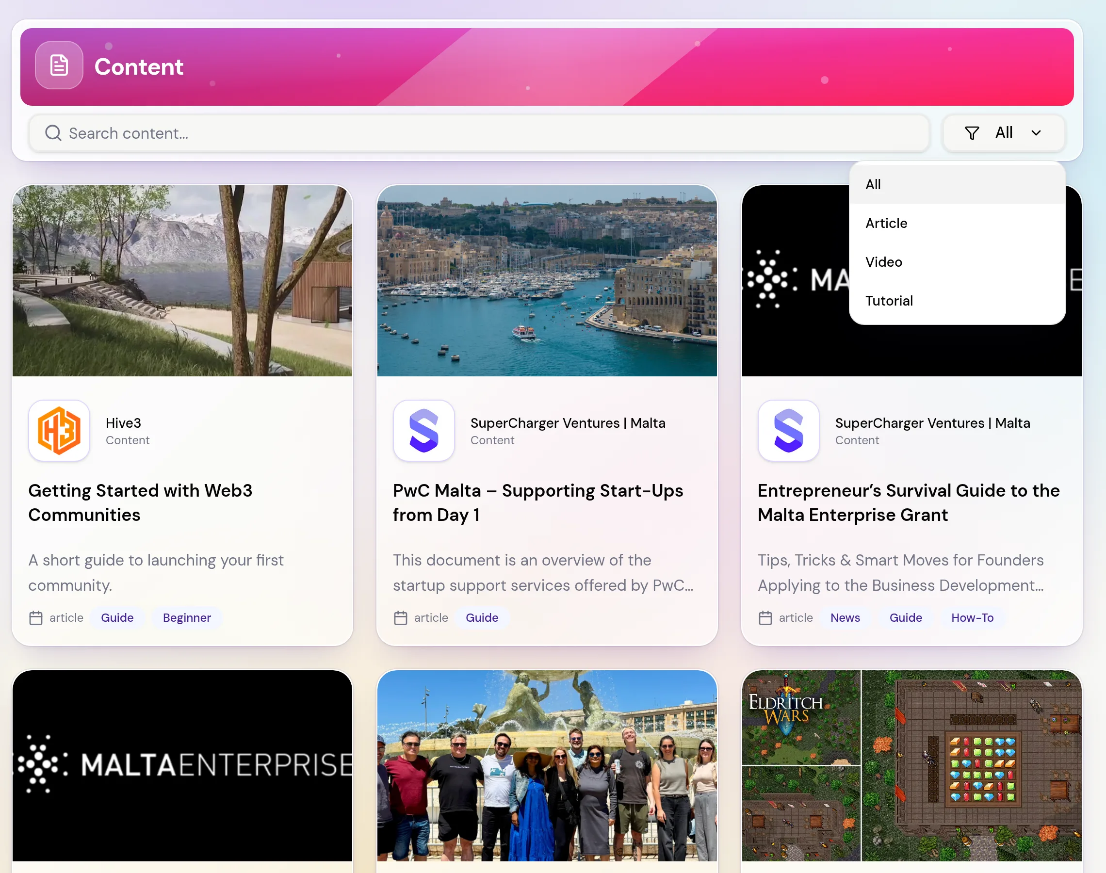 The Content directory with the search box, the type filter and a grid of article, video and tutorial cards.