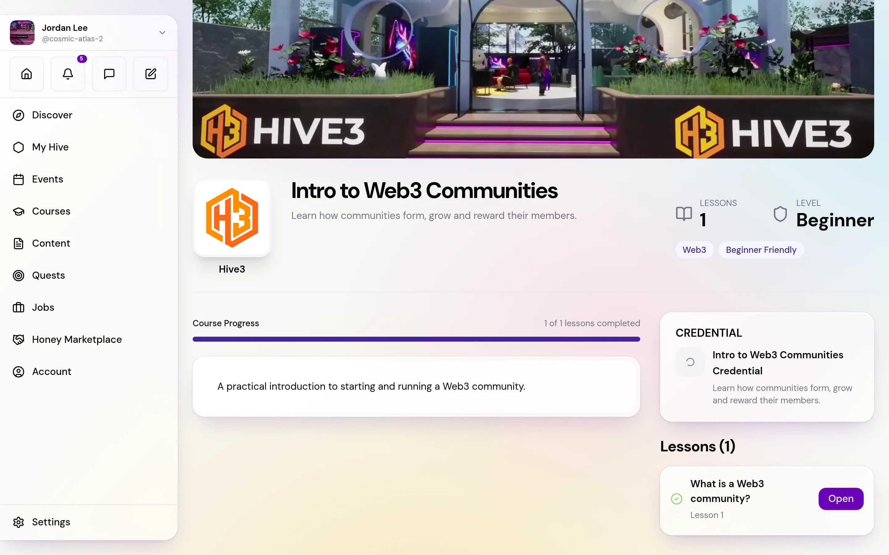 A course page after finishing the only lesson: the title, creator, lesson count and level, the Course Progress bar showing 1 of 1 lessons completed, the credential card, and the lessons list on the right with a green check on the finished lesson.