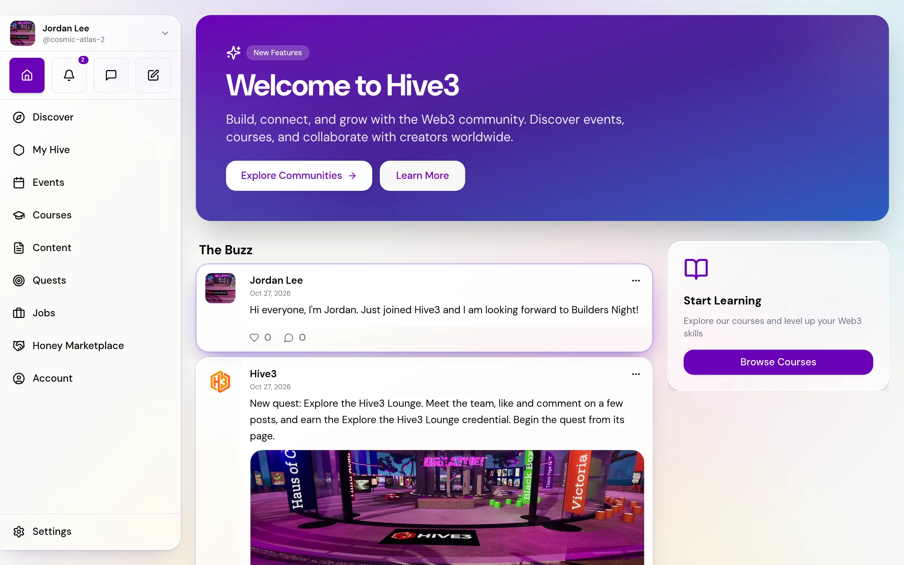 The Hive3 home page with the Buzz feed on the left, post cards showing like and comment counts, and a Start Learning card in the column on the right.