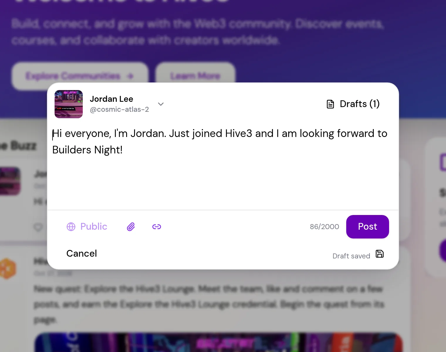 The post composer open over the home page, posting as Jordan Lee, with a typed update, the Public toggle, the attach and link buttons, a character counter and the Post button.