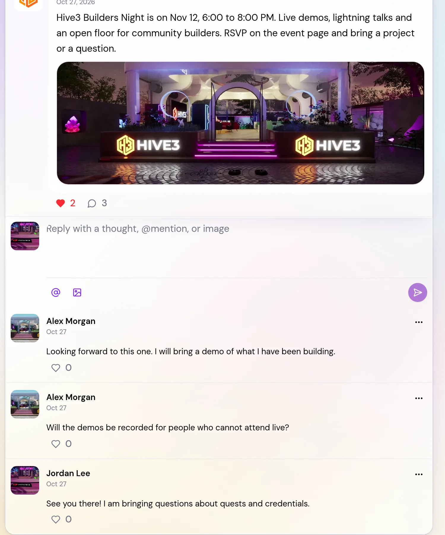 An open post with its heart and comment counts, the Reply with a thought, @mention, or image box, and a list of comments below it.