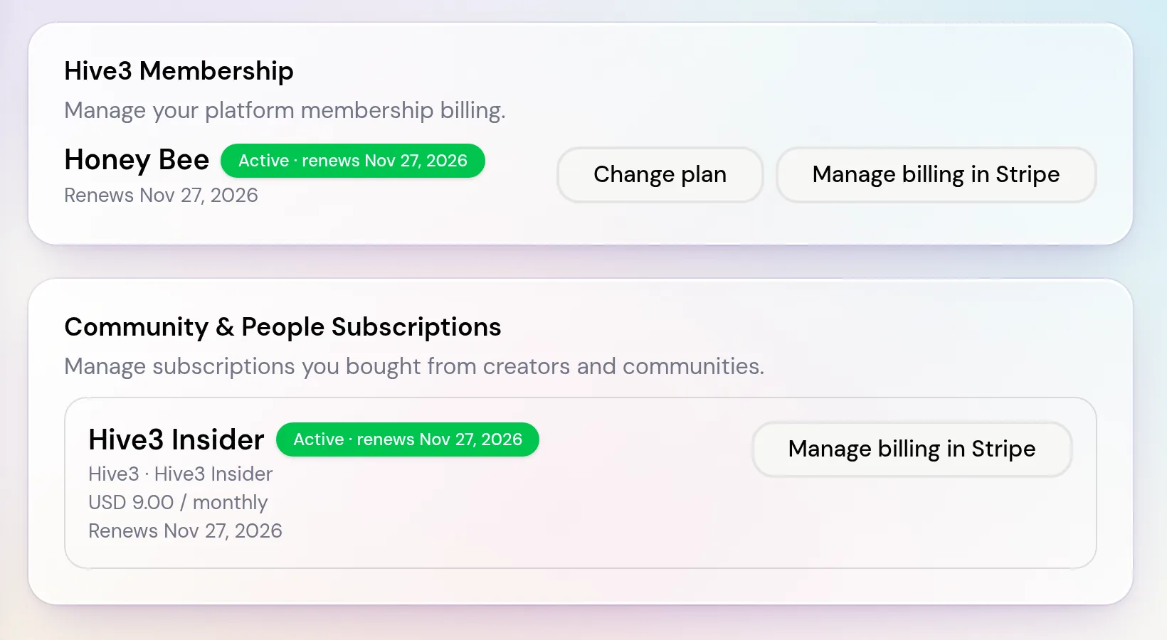 Settings Subscriptions showing the Hive3 Membership card and a Community and People Subscriptions card with a subscription's status and a Manage billing in Stripe button.